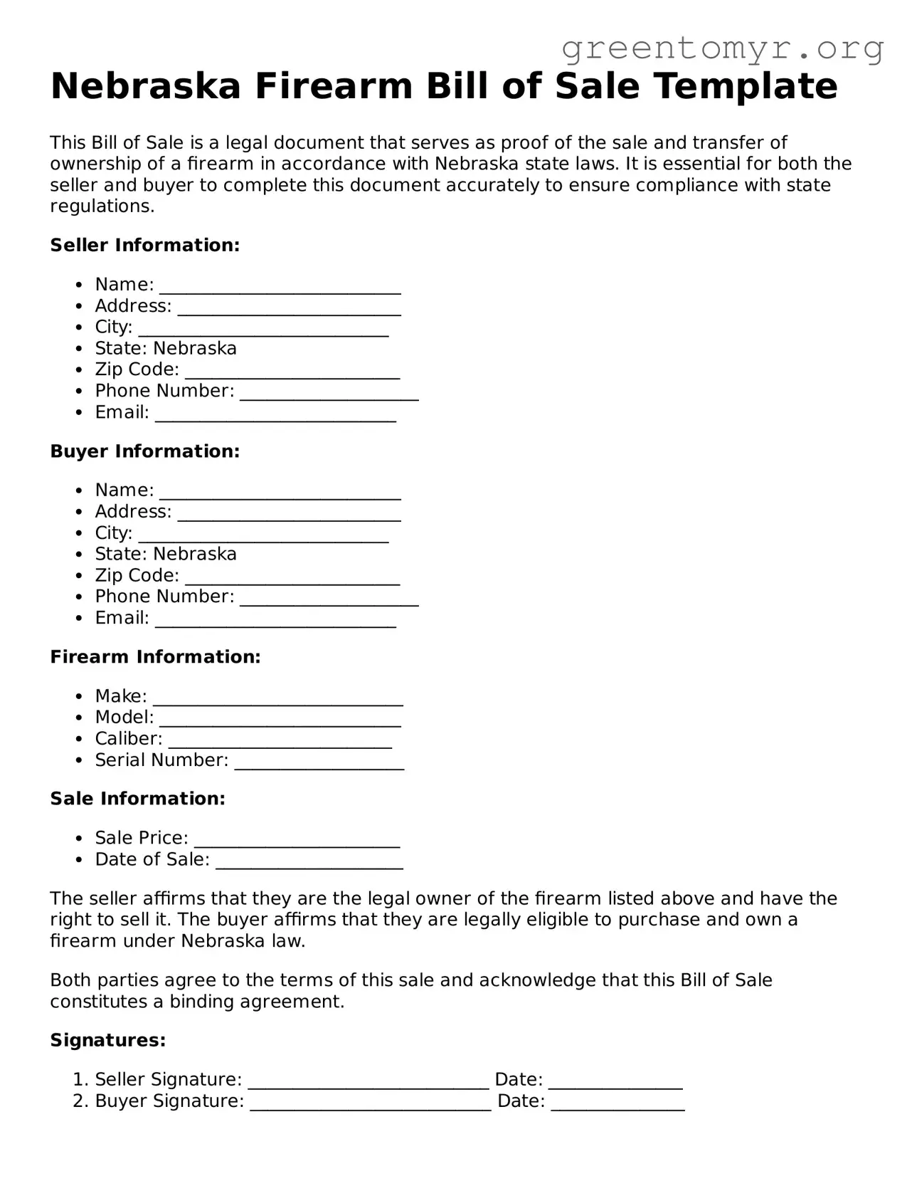 Firearm Bill of Sale Form for the State of Nebraska