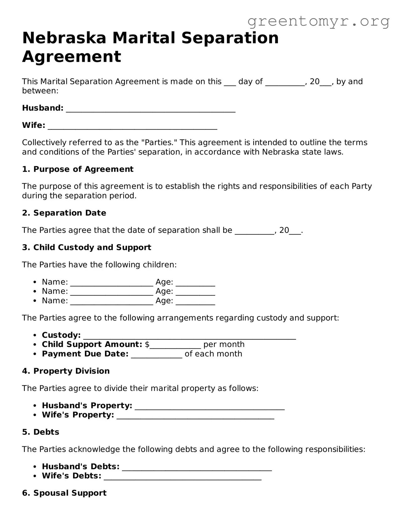 Marital Separation Agreement Form for the State of Nebraska