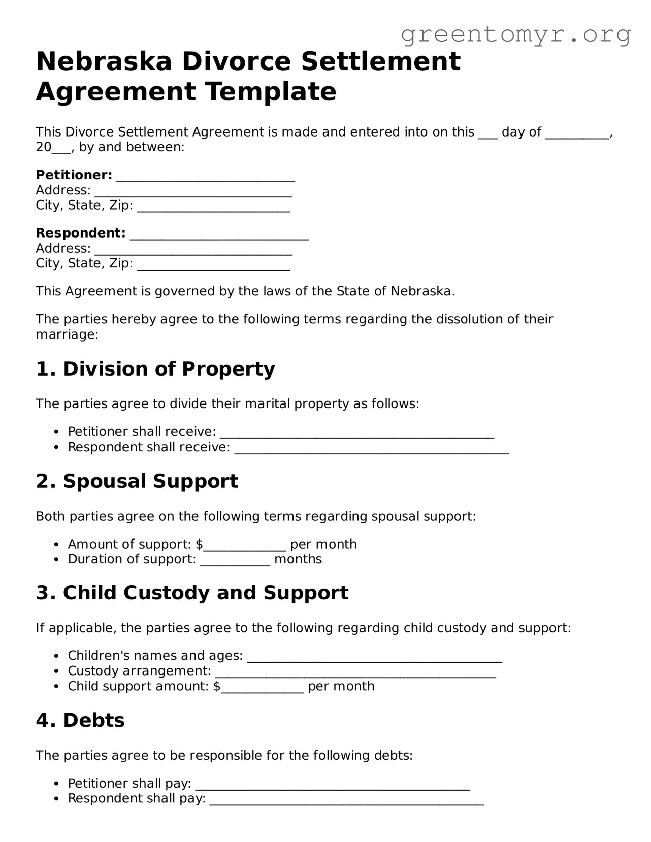 Divorce Settlement Agreement Form for the State of Nebraska