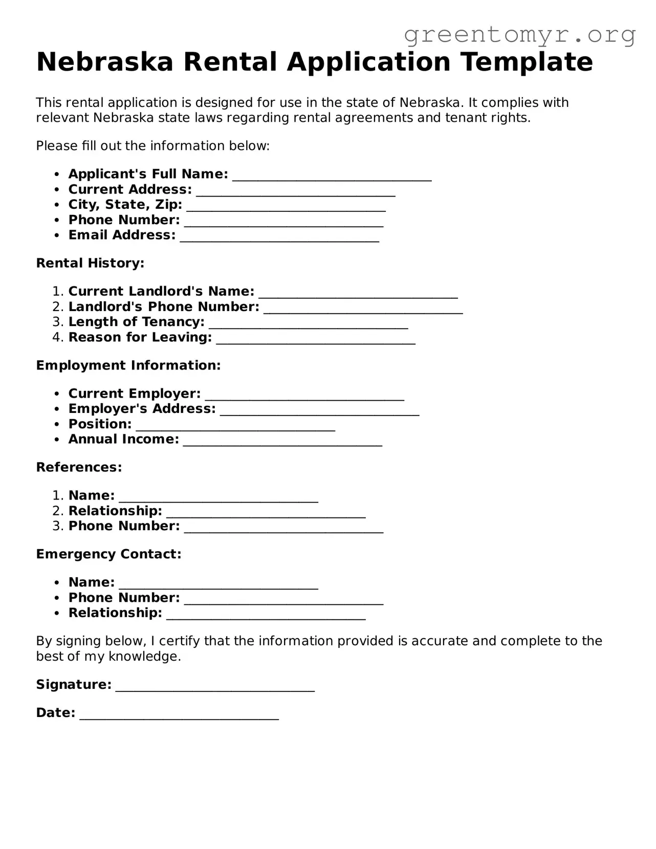 Rental Application Form for the State of Nebraska