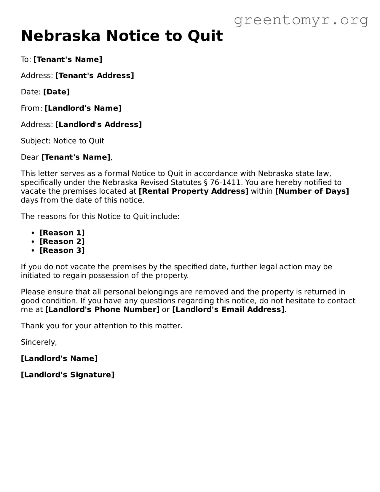 Notice to Quit Form for the State of Nebraska