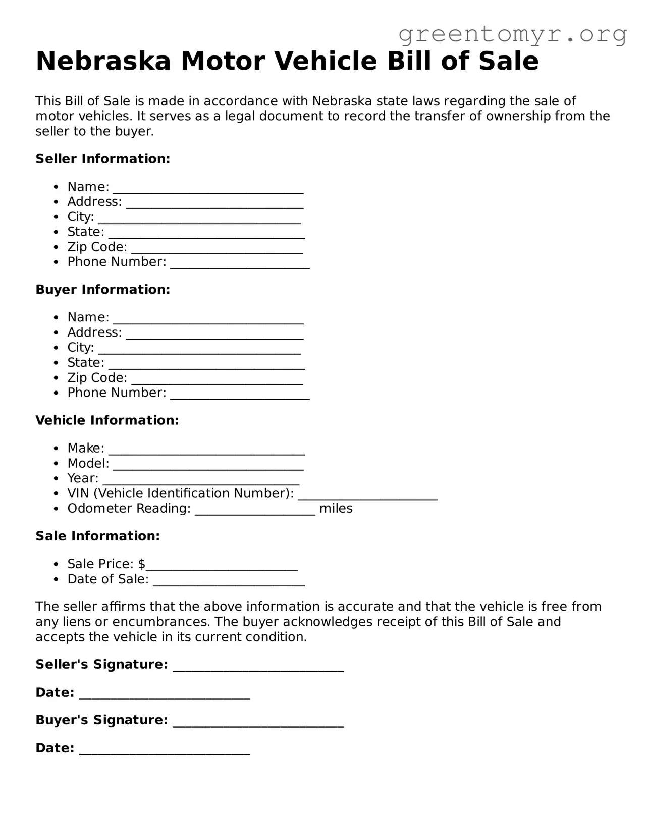 Motor Vehicle Bill of Sale Form for the State of Nebraska