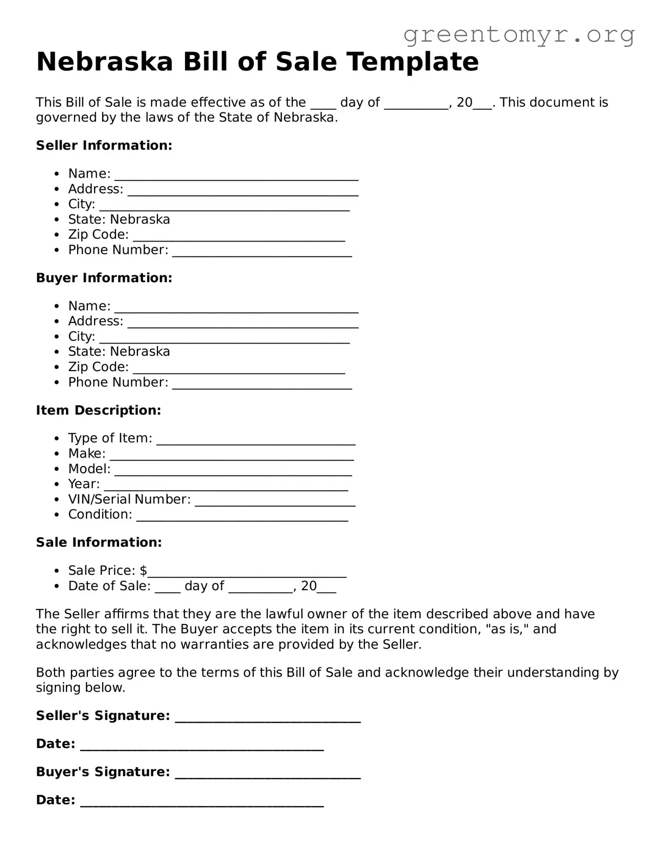 Bill of Sale Form for the State of Nebraska