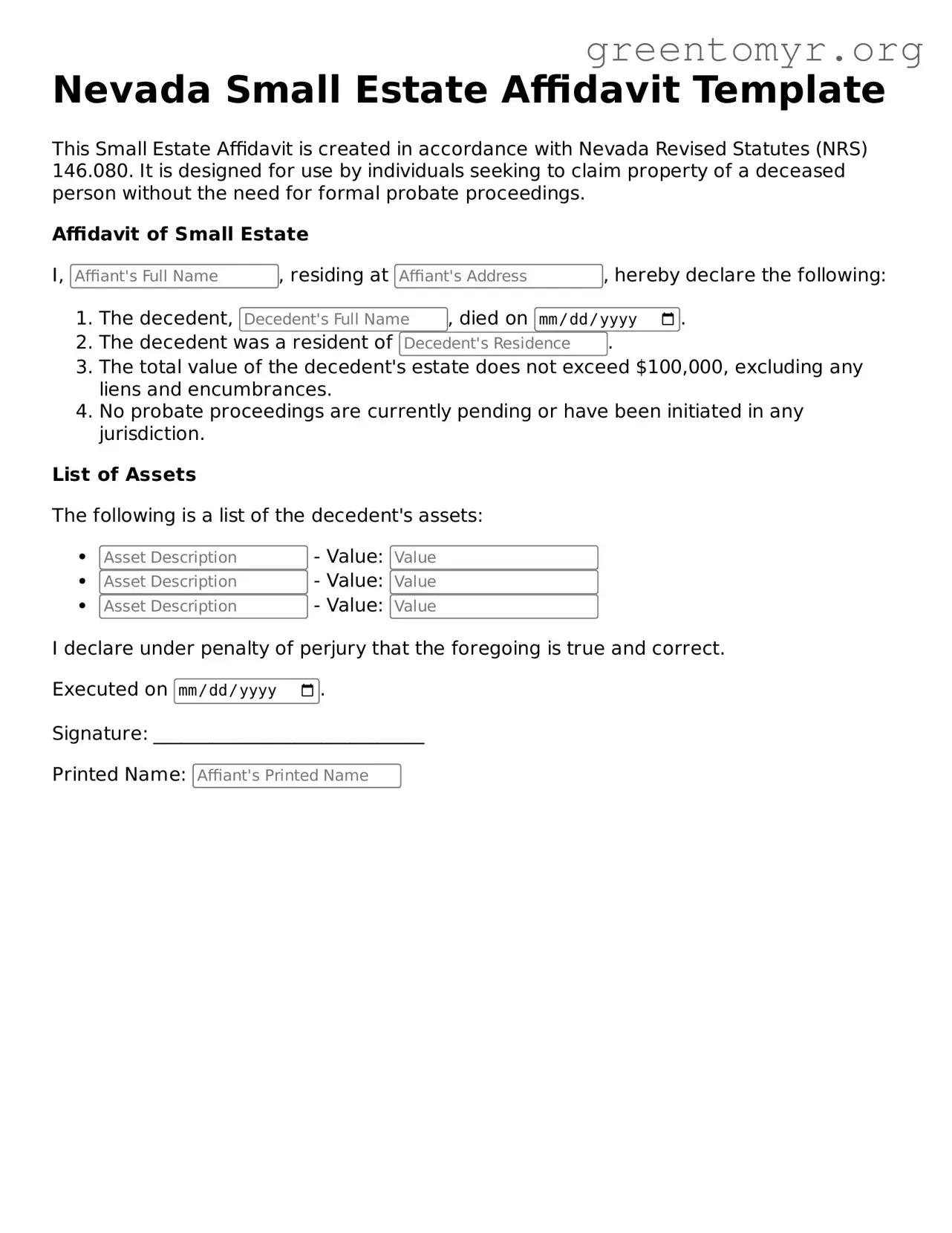 Small Estate Affidavit Form for the State of Nevada