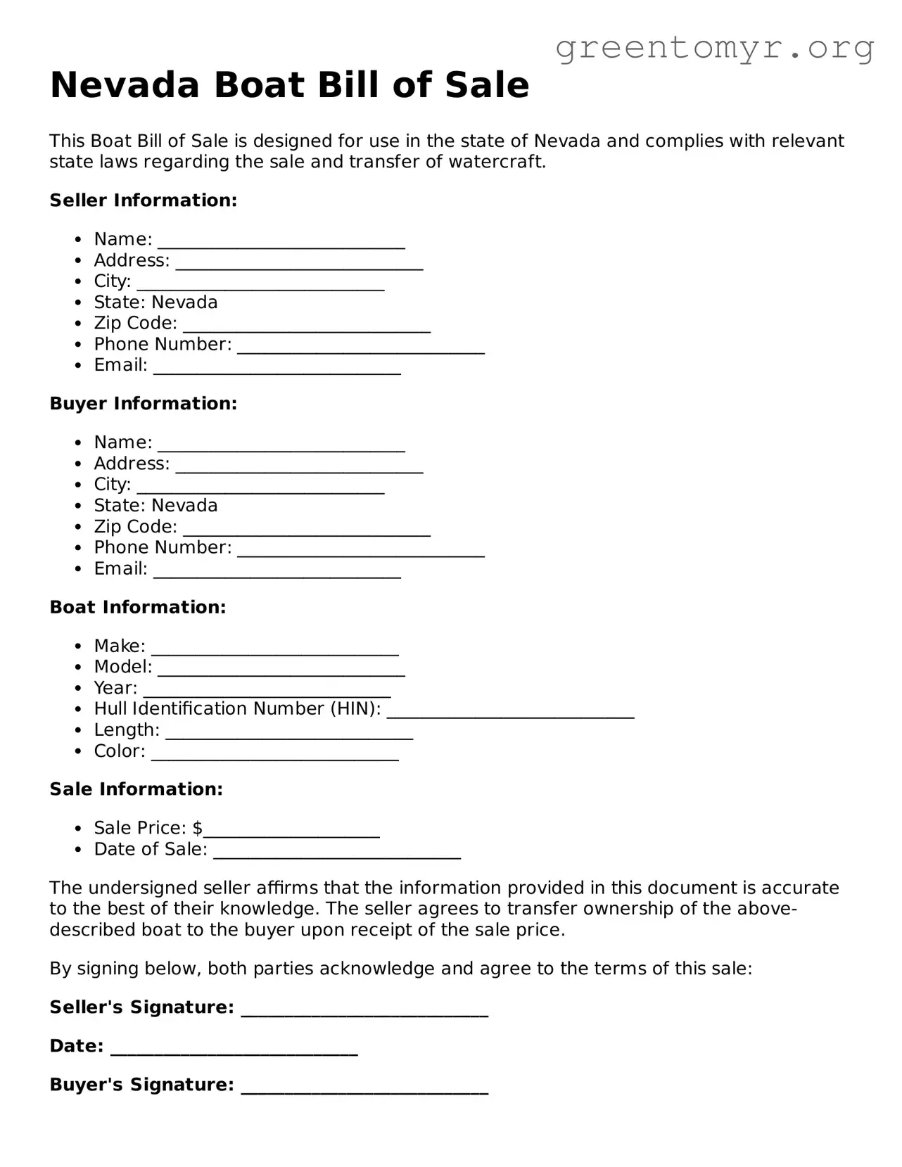 Boat Bill of Sale Form for the State of Nevada