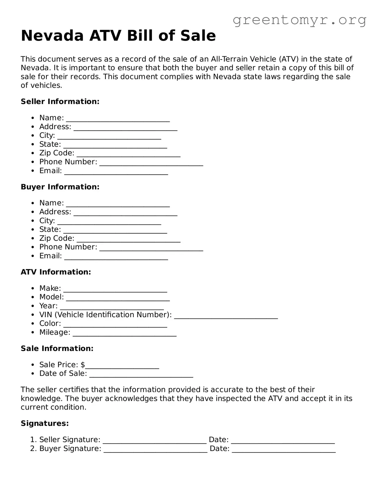 ATV Bill of Sale Form for the State of Nevada