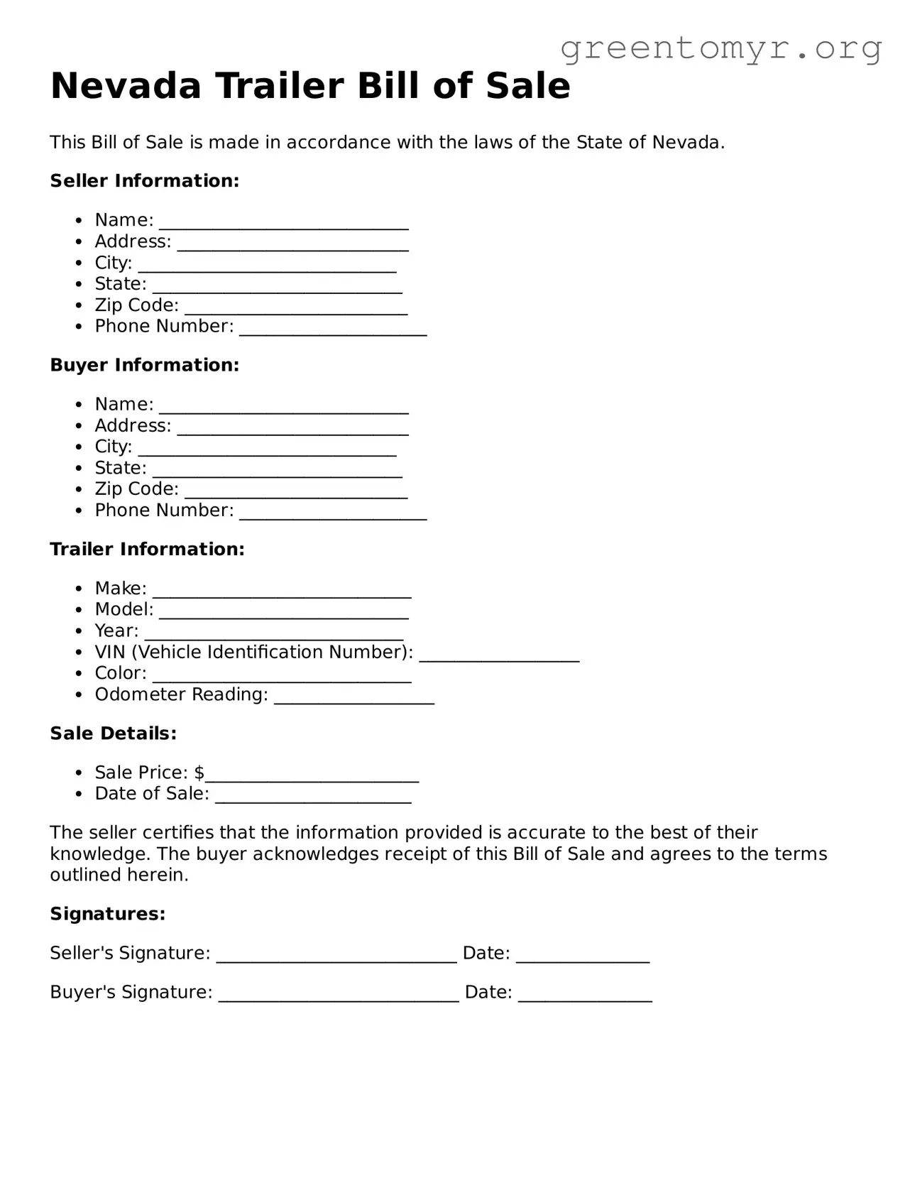 Trailer Bill of Sale Form for the State of Nevada