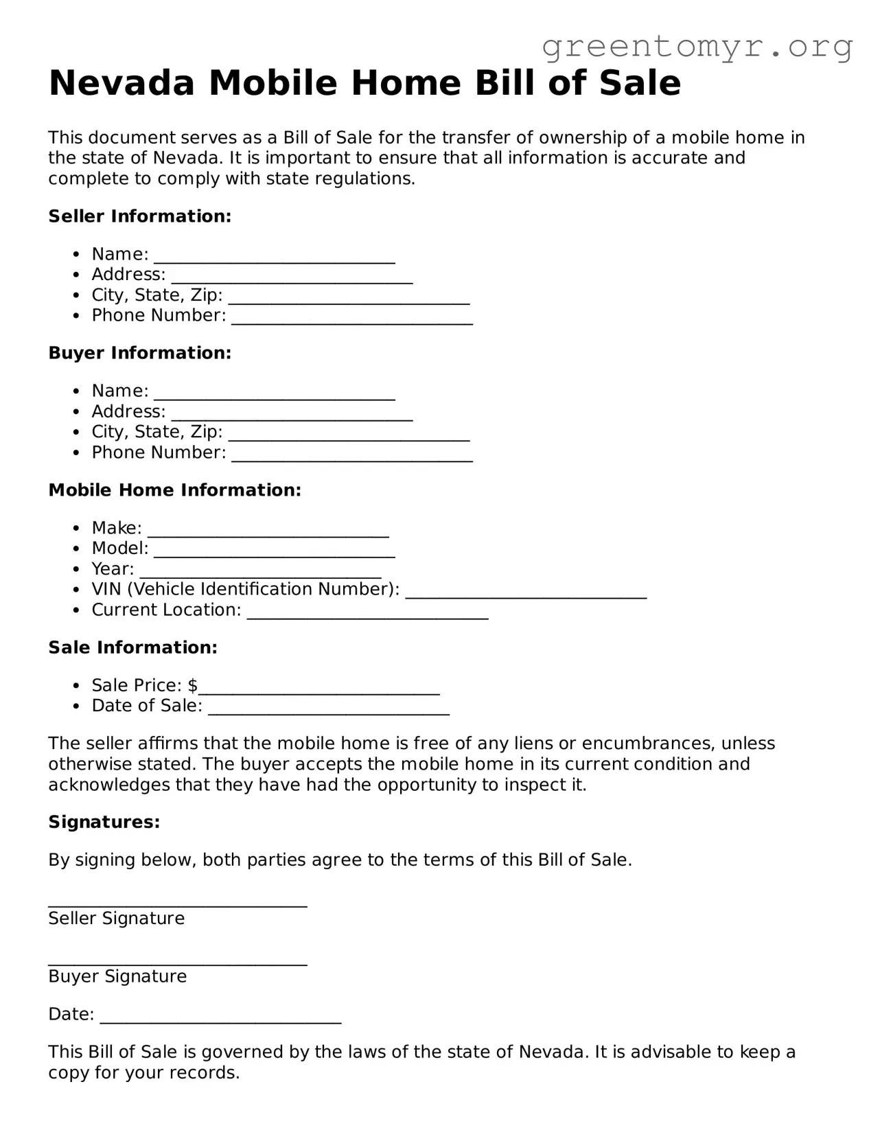 Mobile Home Bill of Sale Form for the State of Nevada