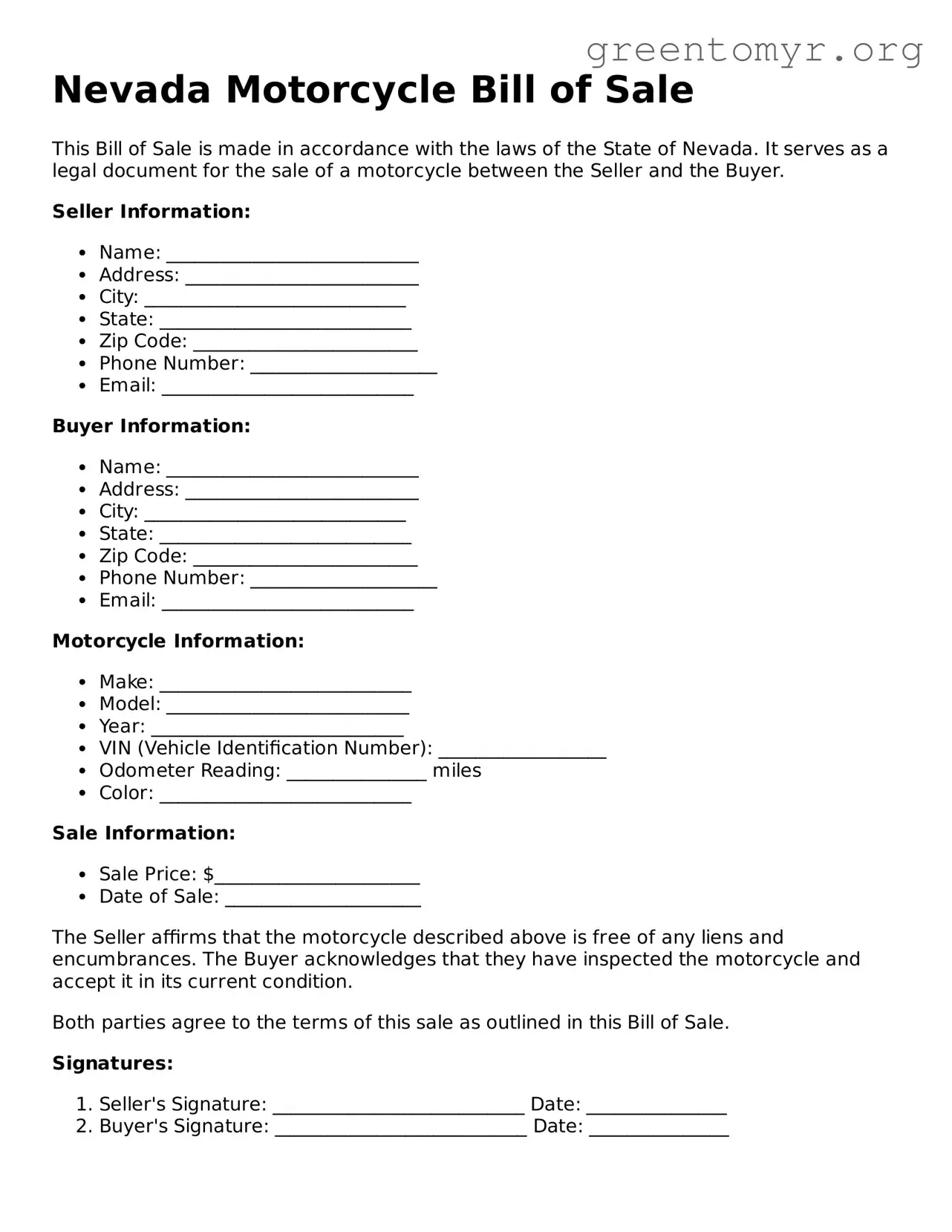 Motorcycle Bill of Sale Form for the State of Nevada