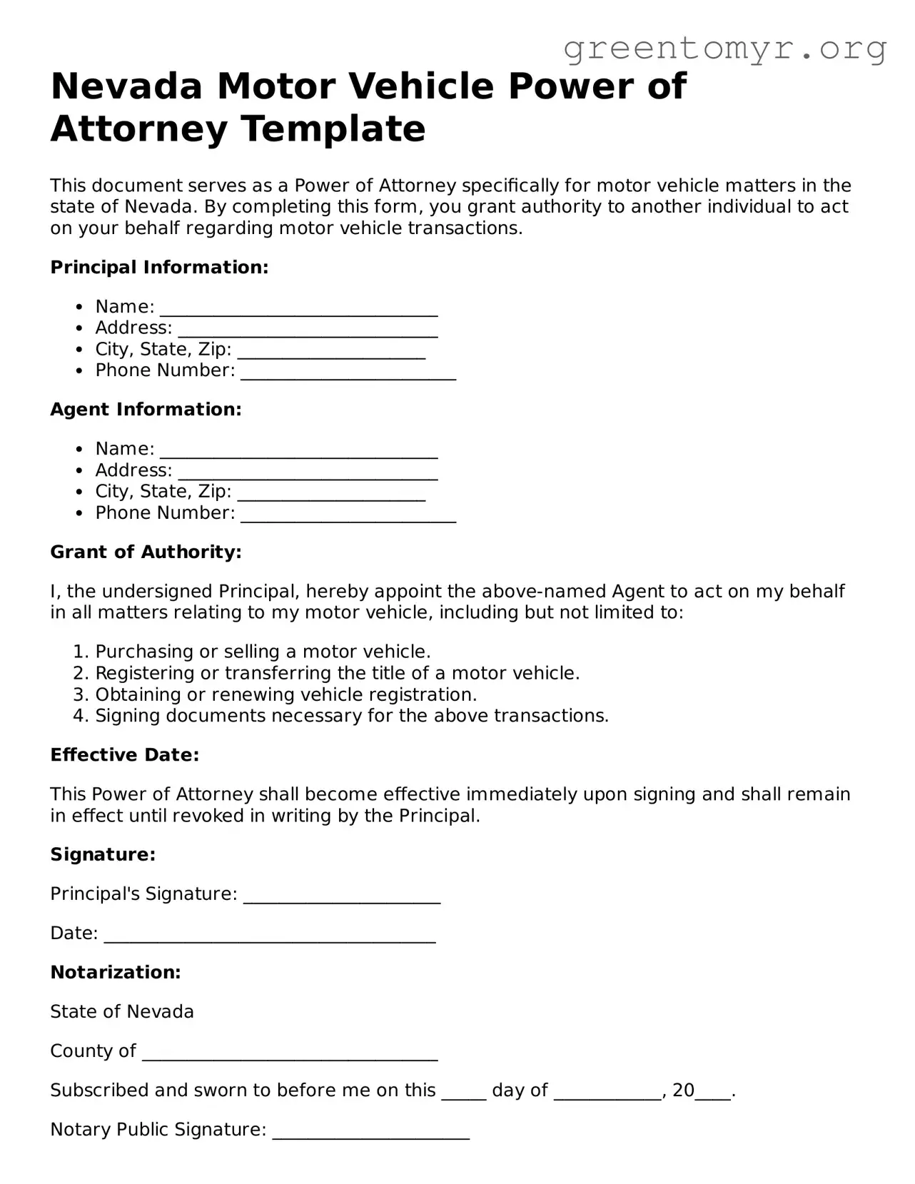 Motor Vehicle Power of Attorney Form for the State of Nevada