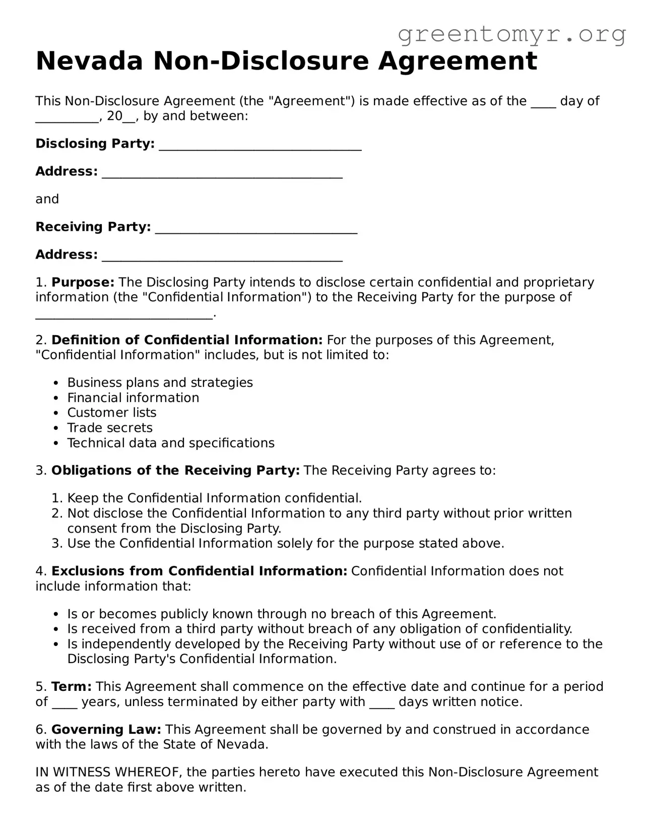 Non-disclosure Agreement Form for the State of Nevada