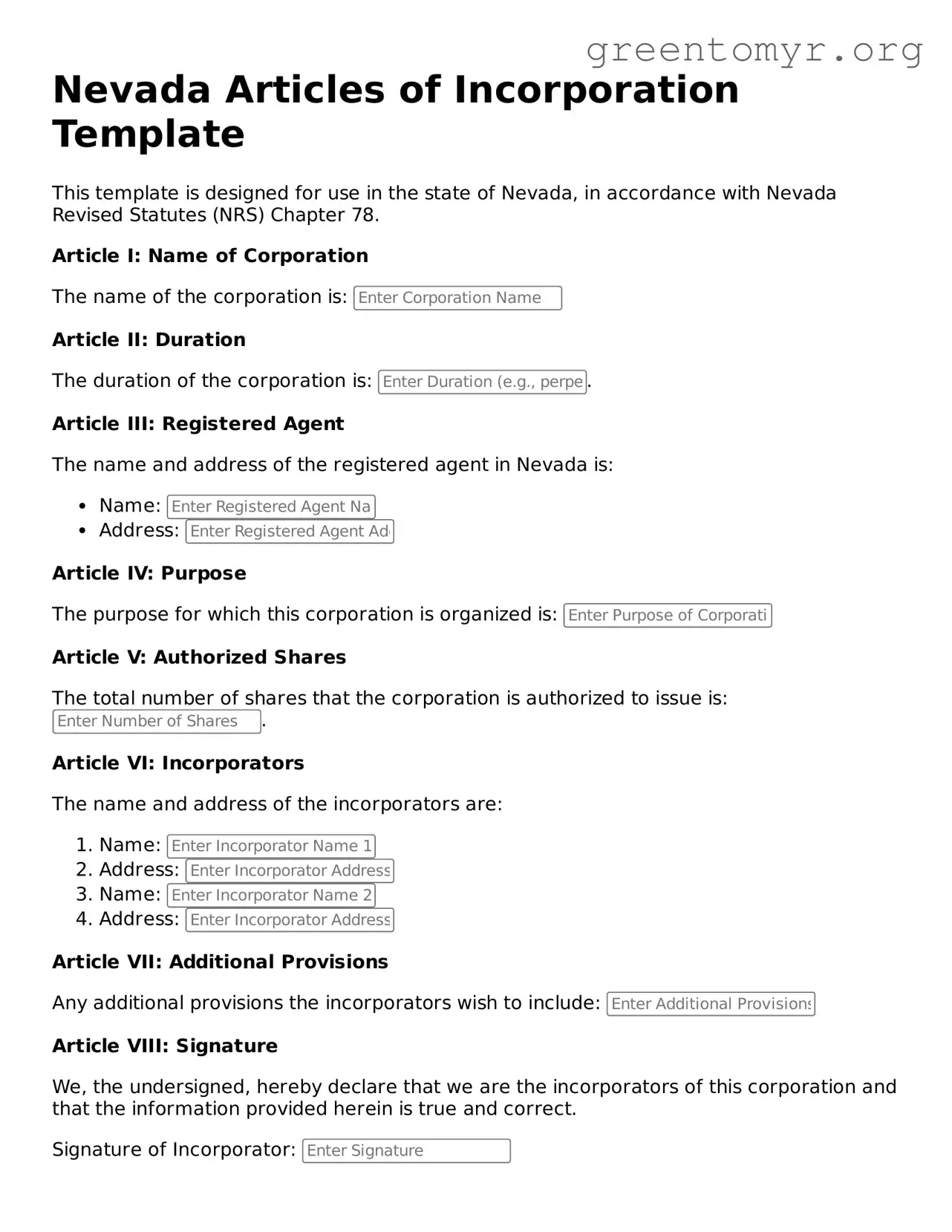 Articles of Incorporation Form for the State of Nevada