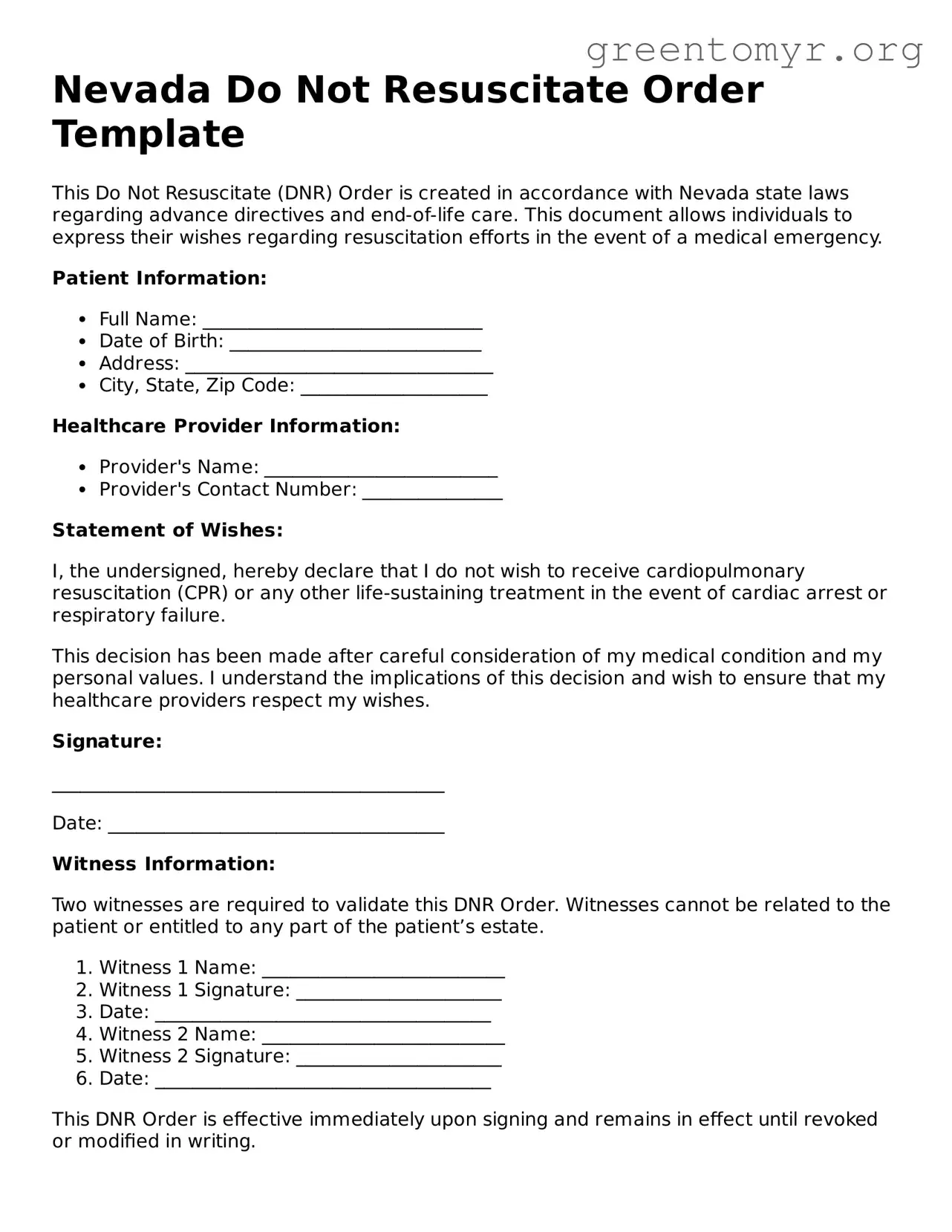 Do Not Resuscitate Order Form for the State of Nevada