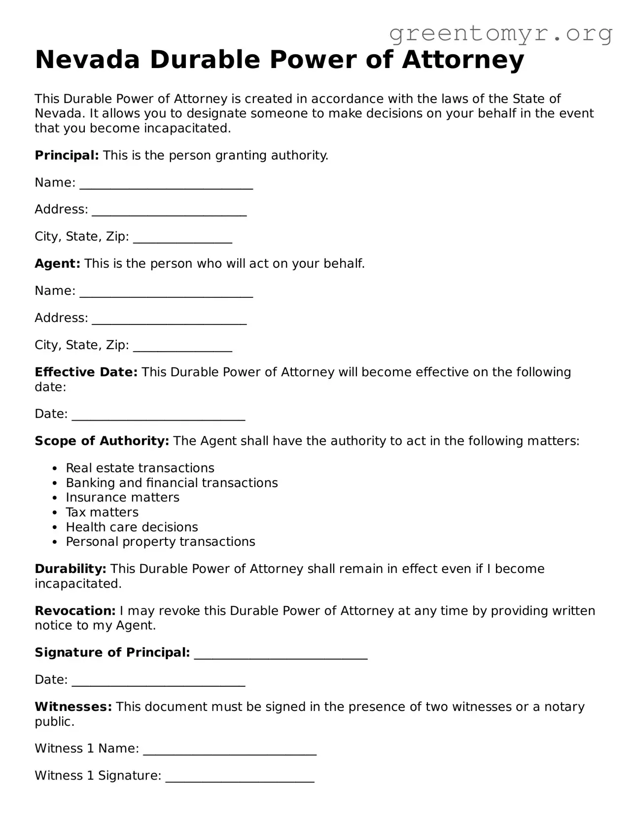 Durable Power of Attorney Form for the State of Nevada