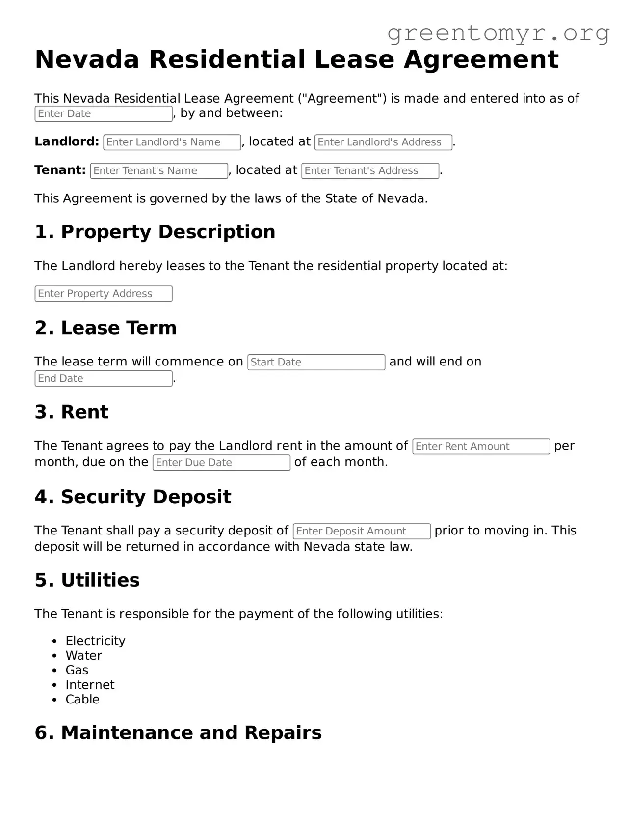 Residential Lease Agreement Form for the State of Nevada