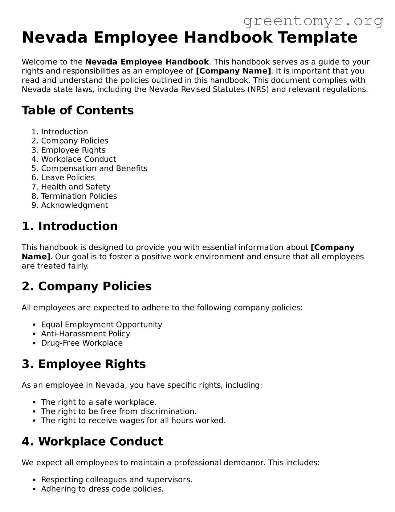 Employee Handbook Form for the State of Nevada