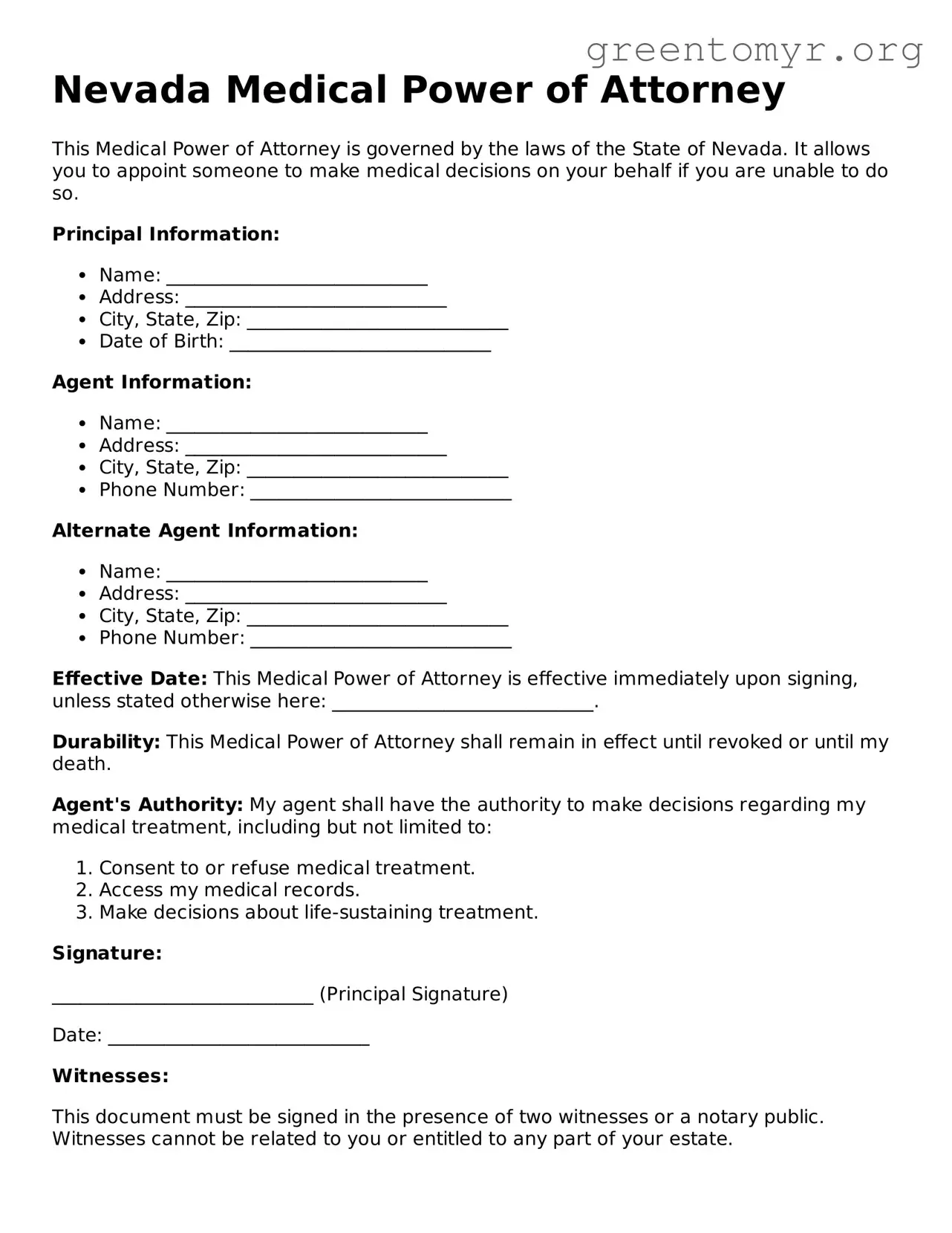 Medical Power of Attorney Form for the State of Nevada
