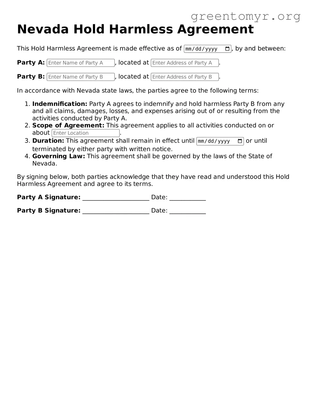 Hold Harmless Agreement Form for the State of Nevada