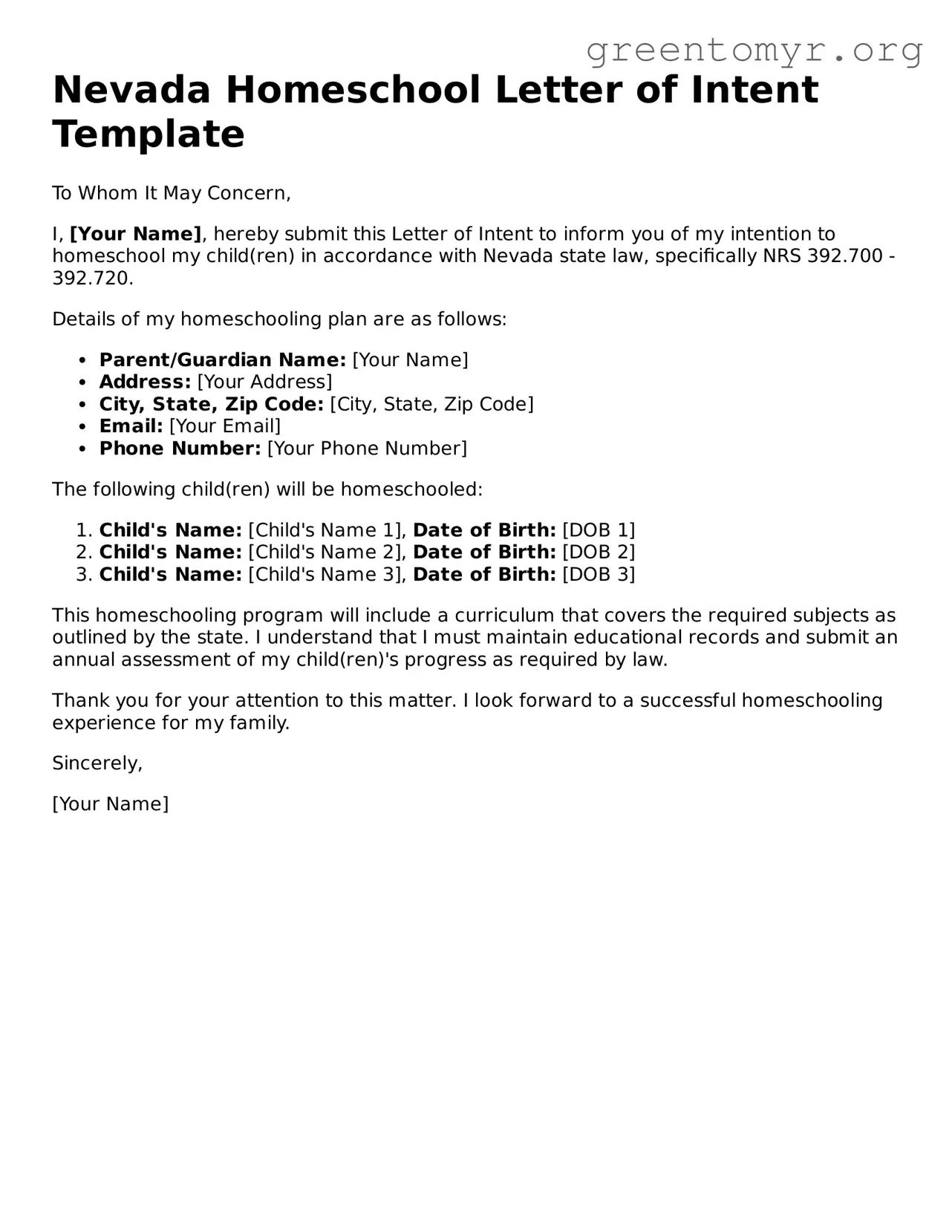 Homeschool Letter of Intent Form for the State of Nevada