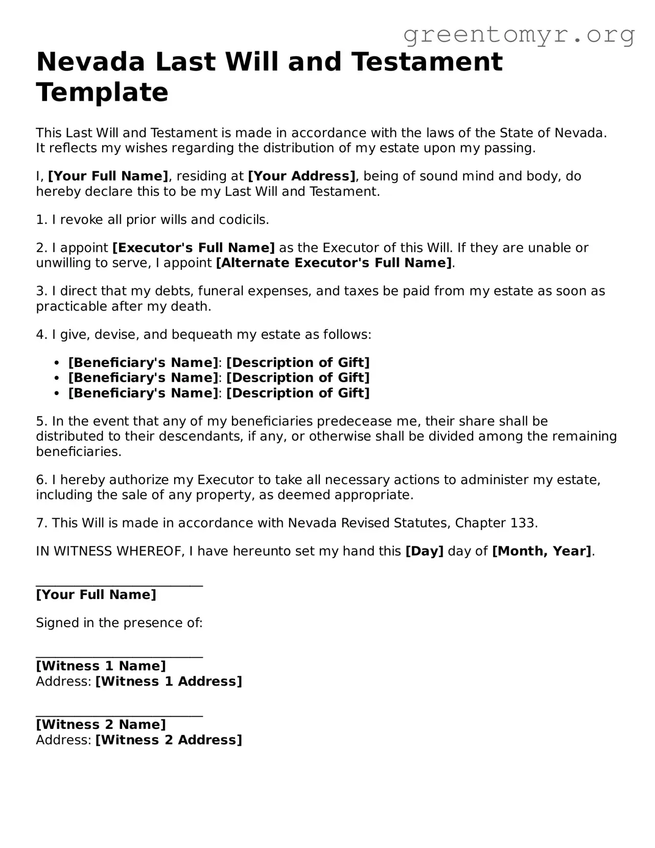Last Will and Testament Form for the State of Nevada