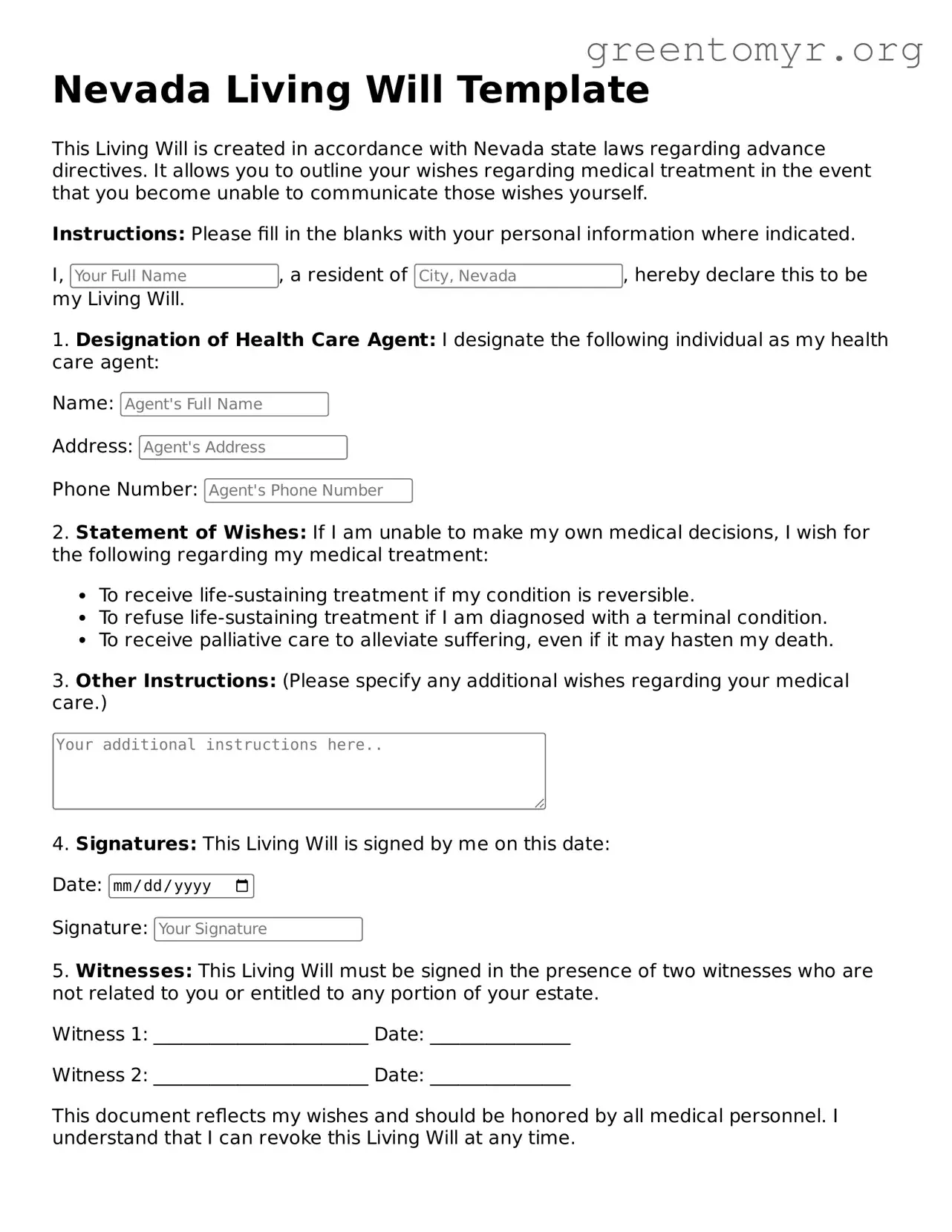 Living Will Form for the State of Nevada