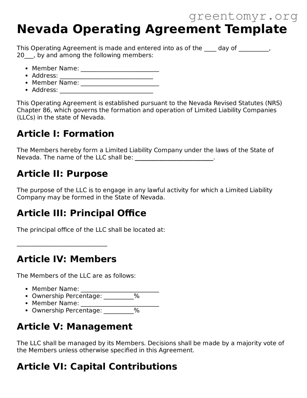 Operating Agreement Form for the State of Nevada