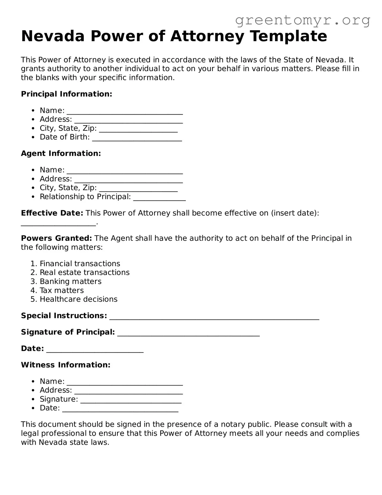 Power of Attorney Form for the State of Nevada