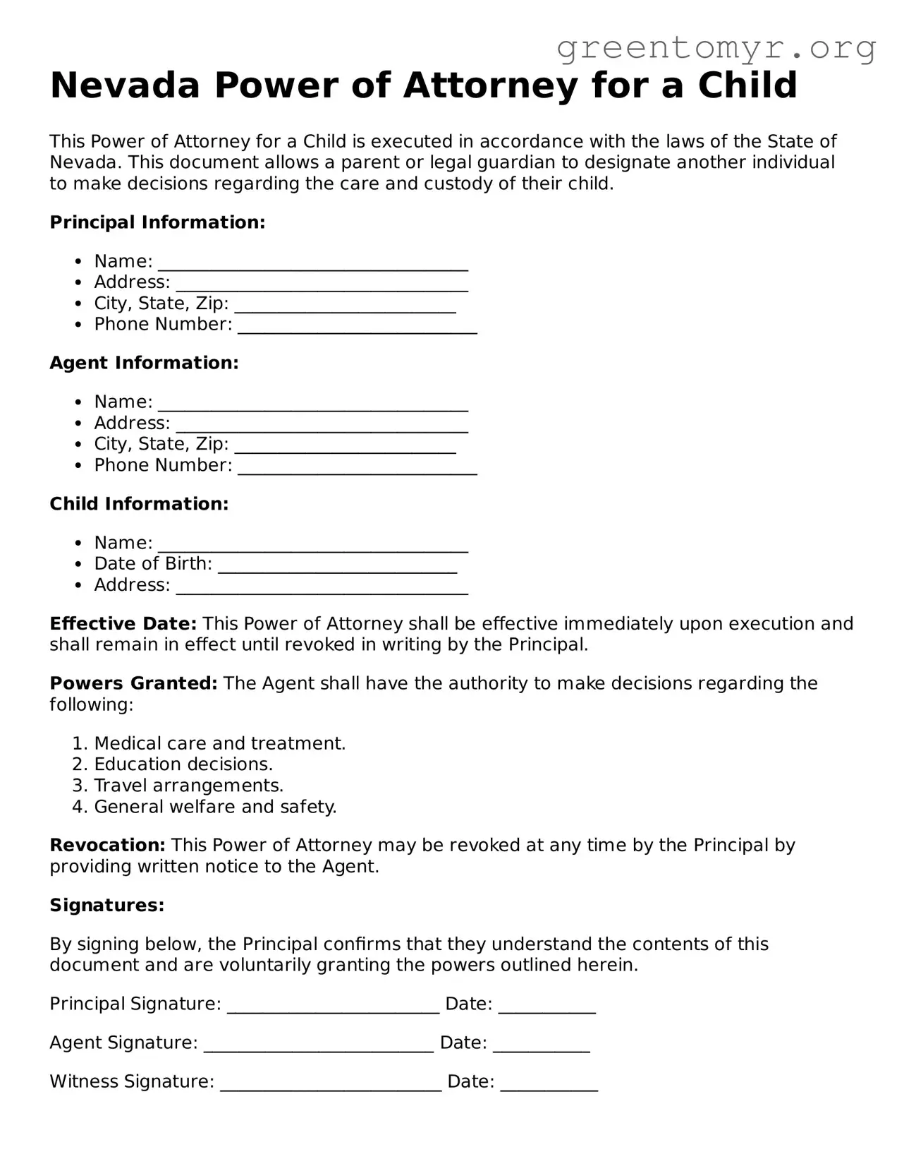 Power of Attorney for a Child Form for the State of Nevada