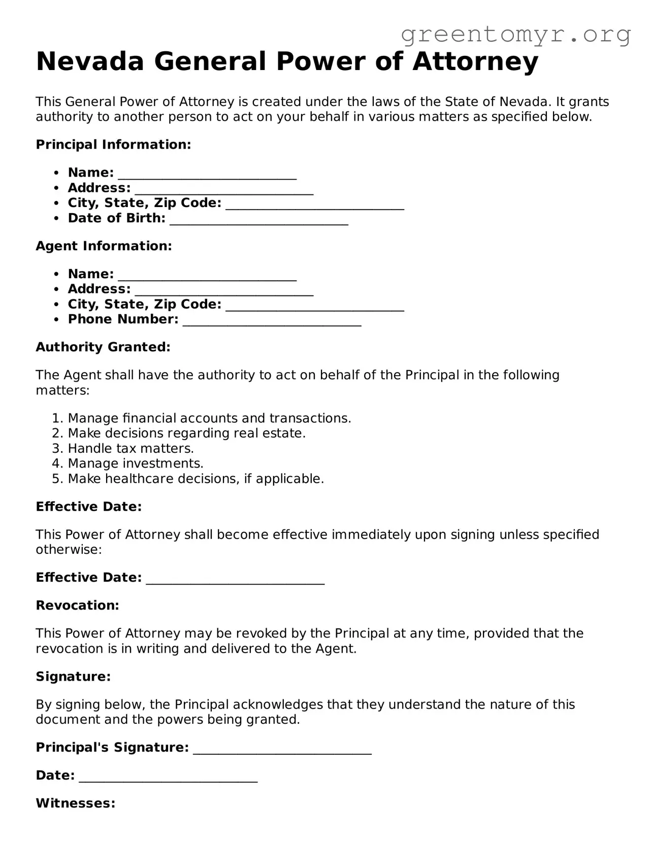 General Power of Attorney Form for the State of Nevada