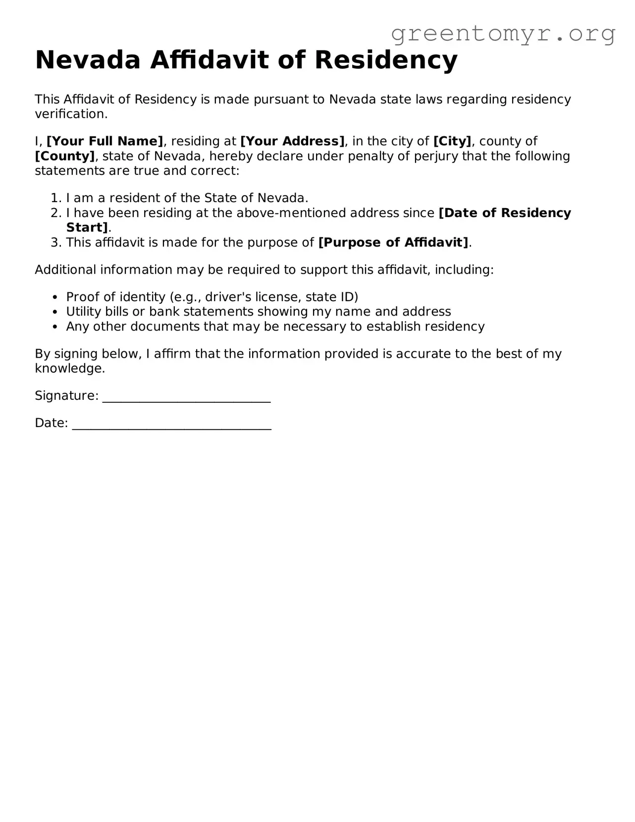 Affidavit of Residency Form for the State of Nevada