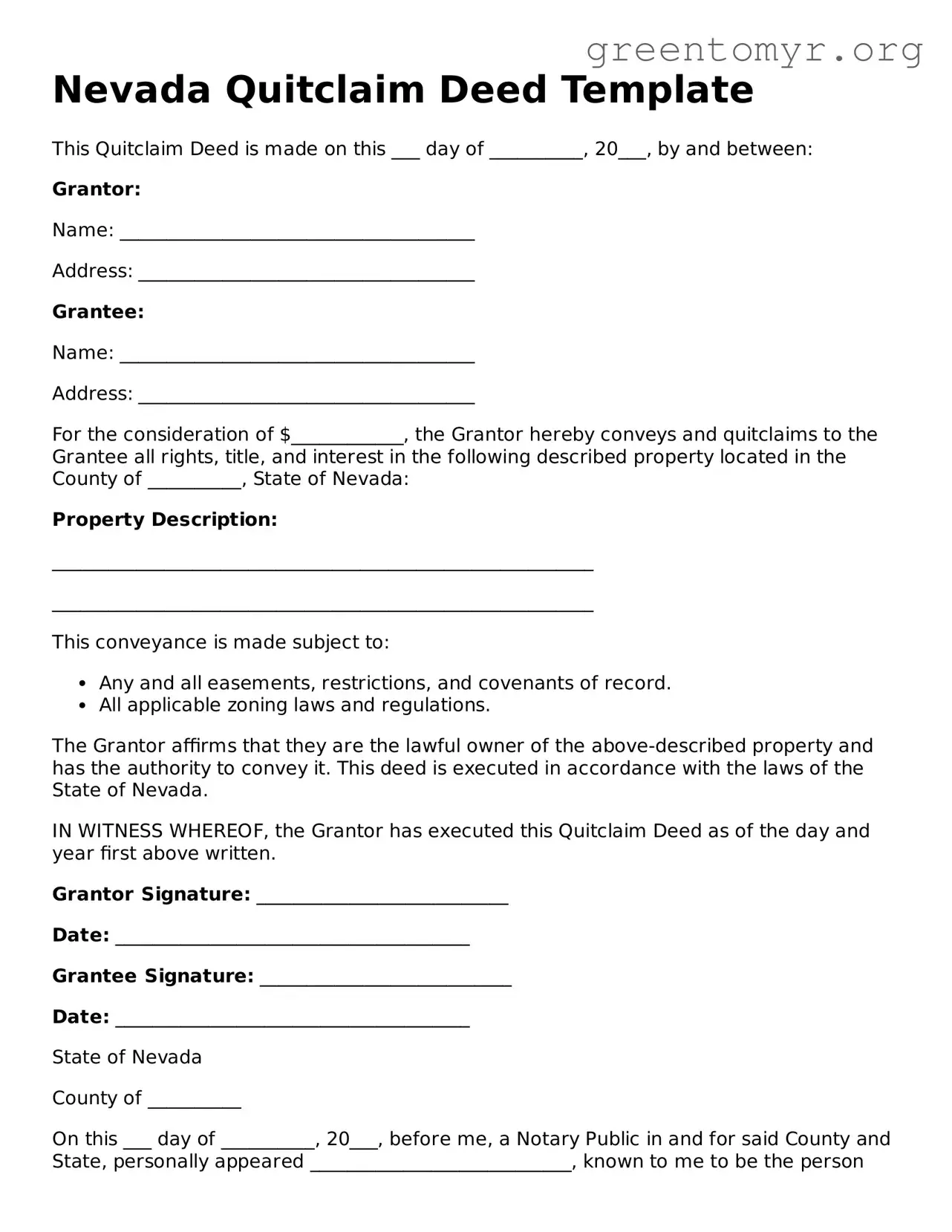 Quitclaim Deed Form for the State of Nevada