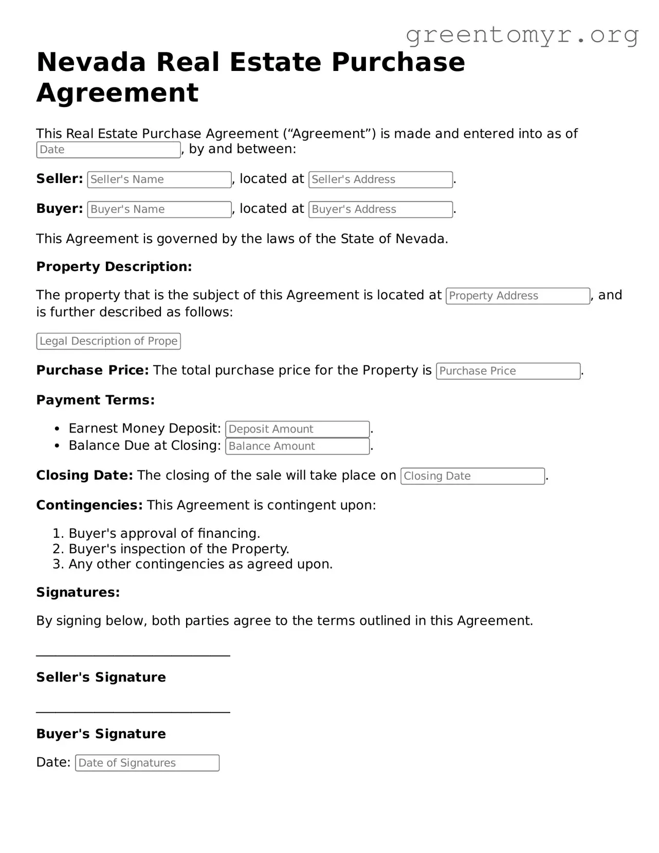 Real Estate Purchase Agreement Form for the State of Nevada
