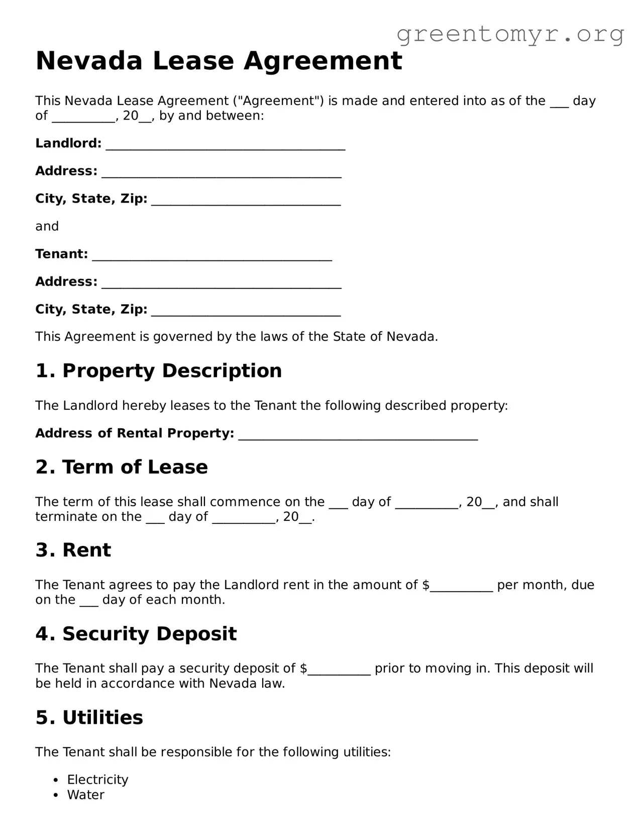 Lease Agreement Form for the State of Nevada