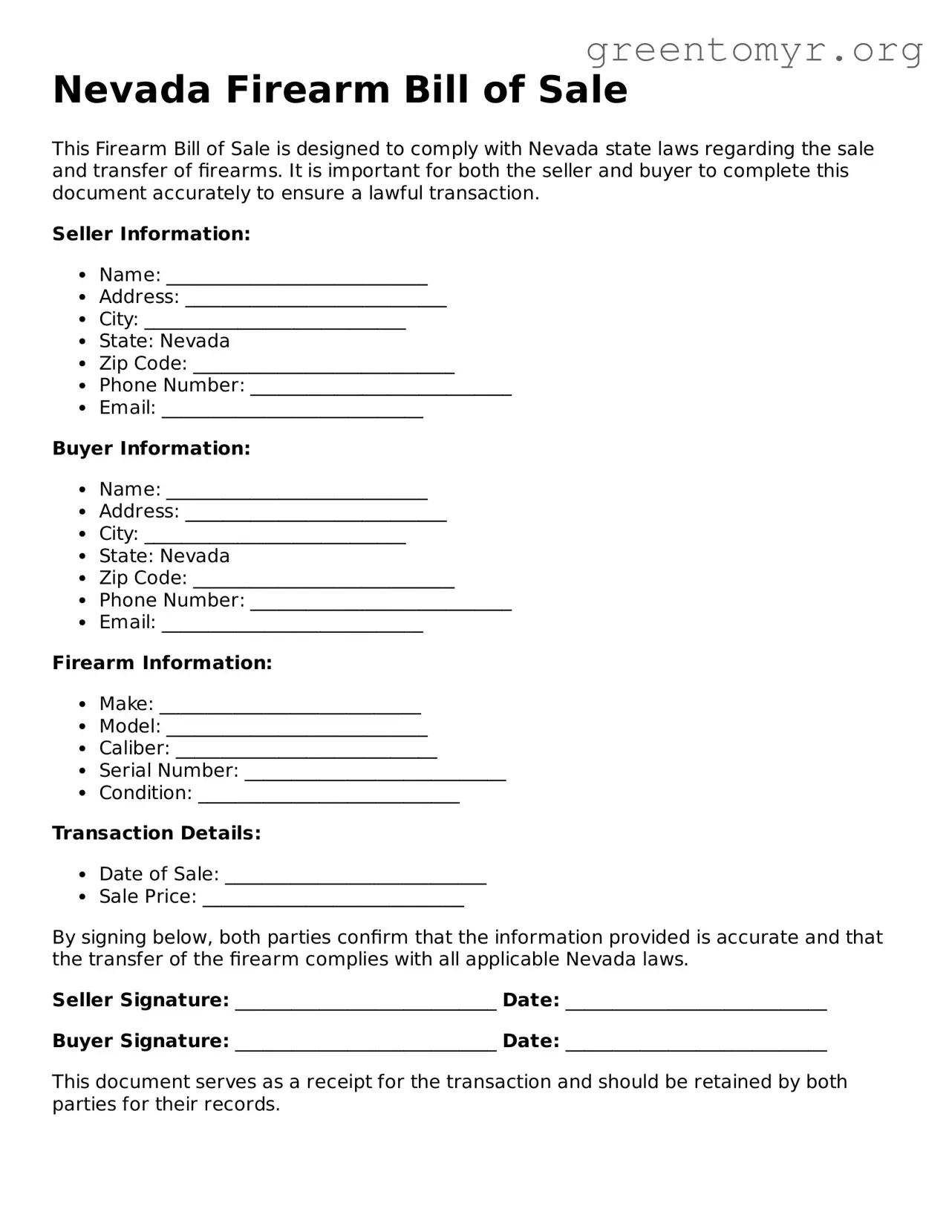 Firearm Bill of Sale Form for the State of Nevada