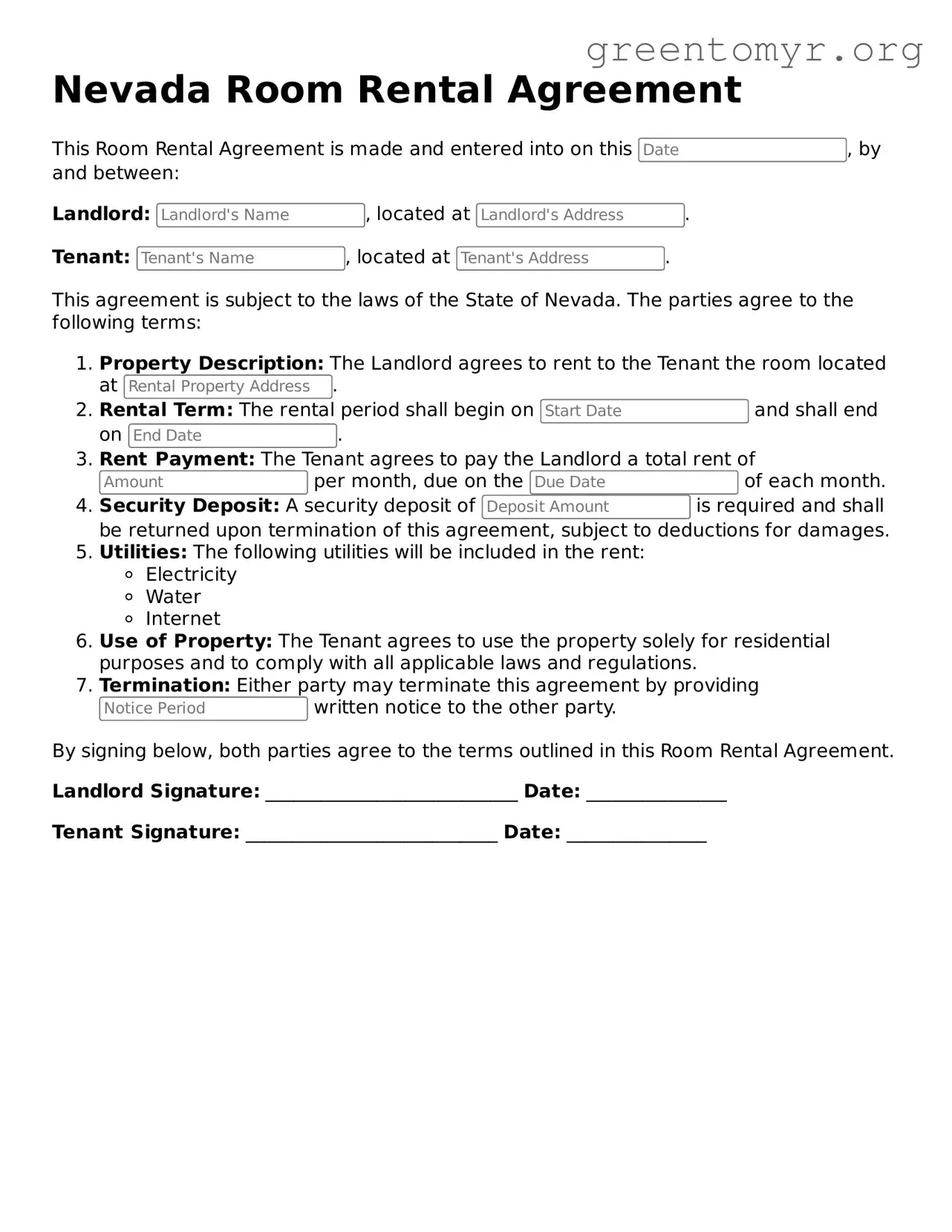 Room Rental Agreement Form for the State of Nevada