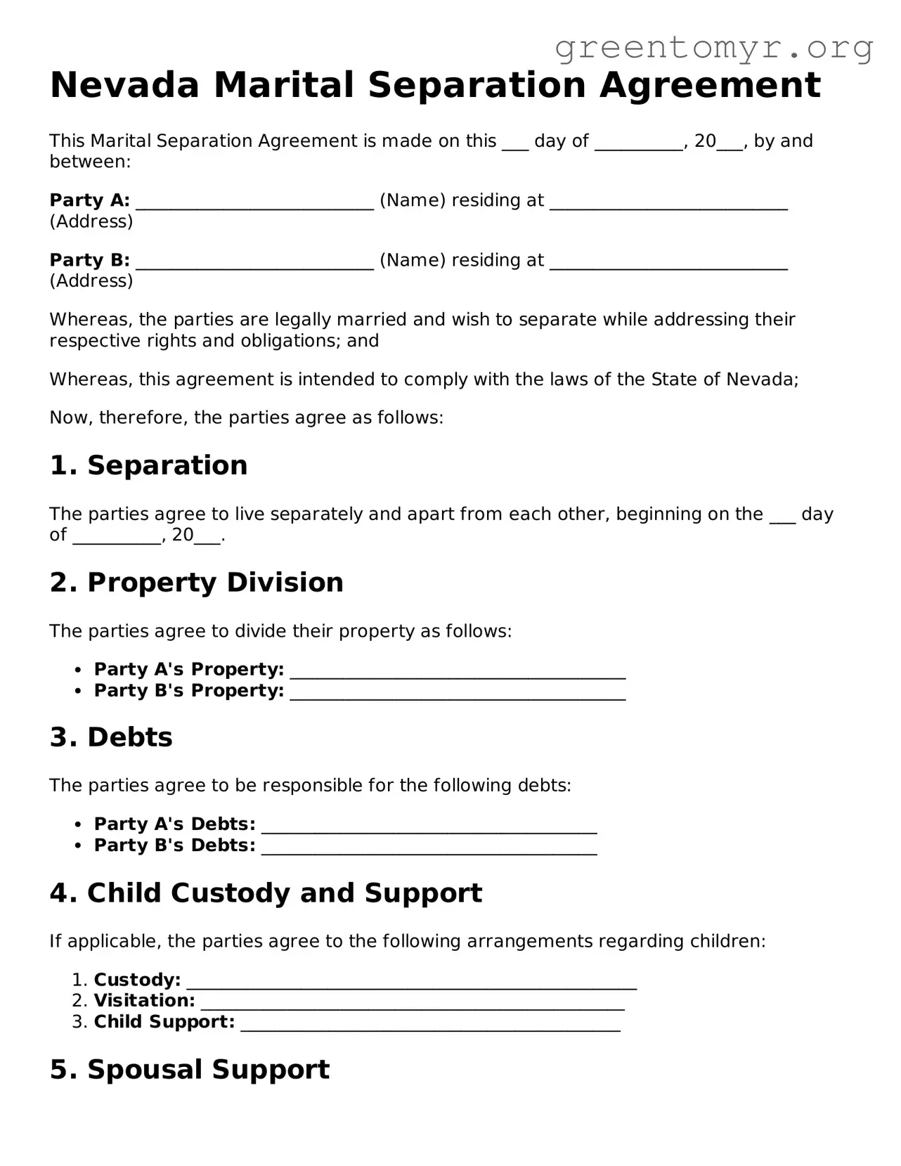 Marital Separation Agreement Form for the State of Nevada