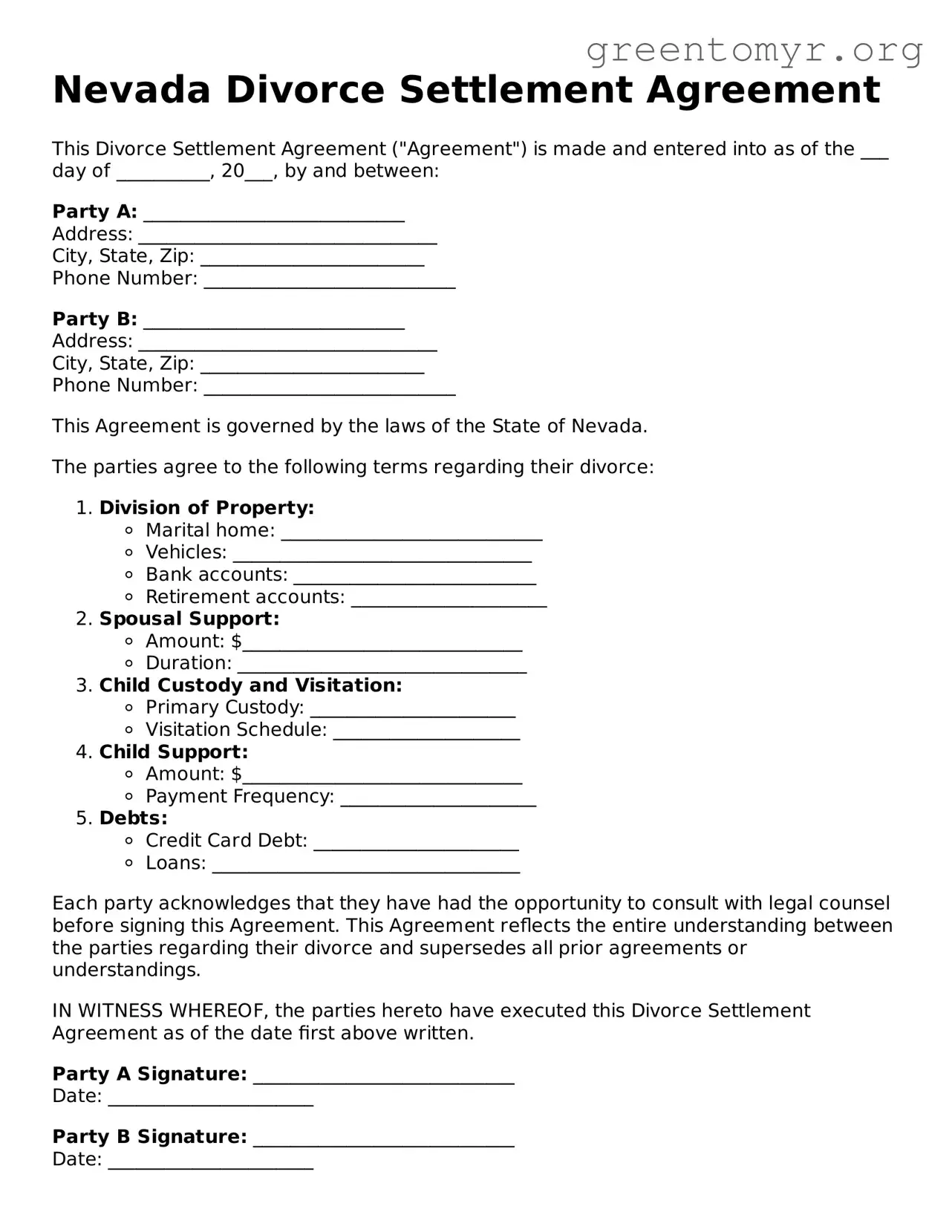 Divorce Settlement Agreement Form for the State of Nevada