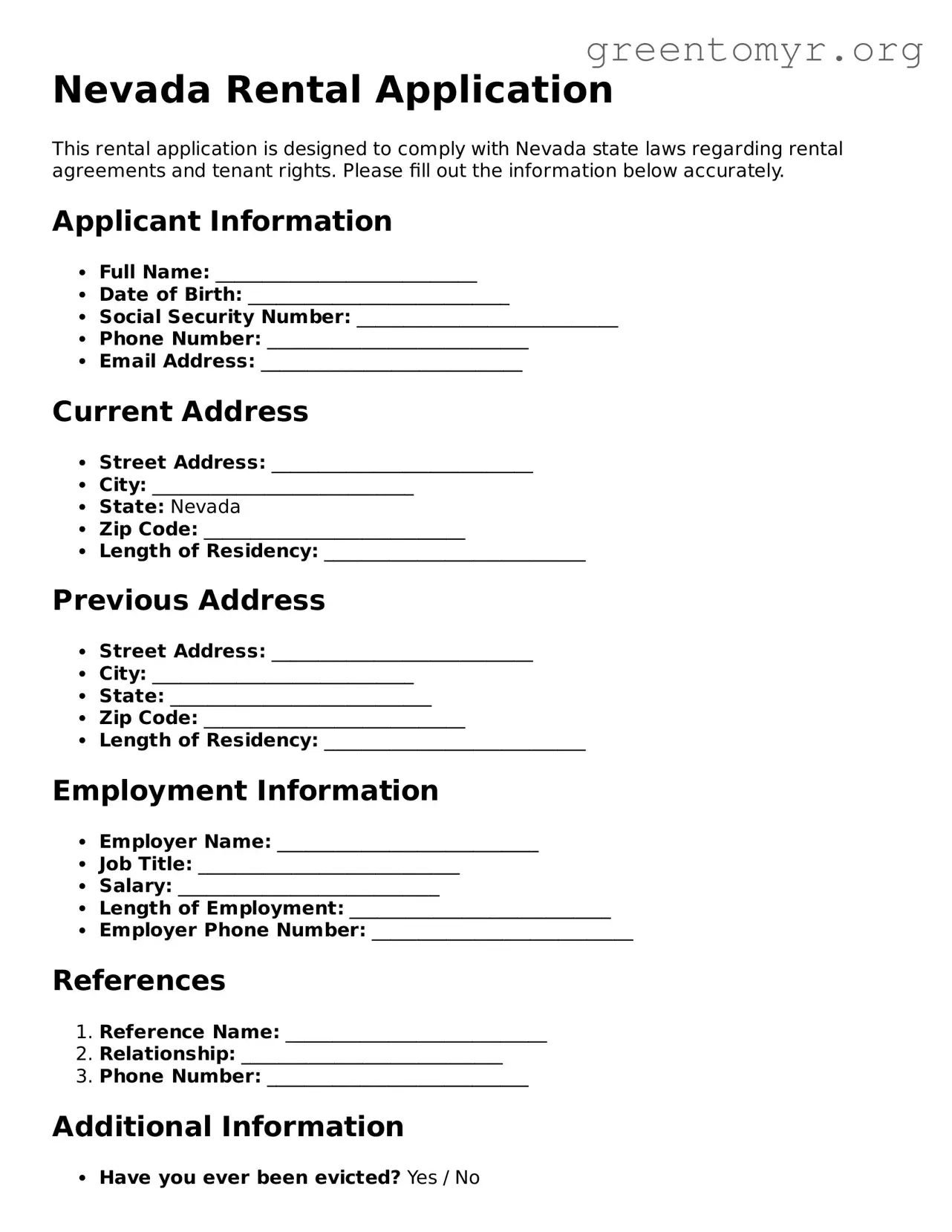 Rental Application Form for the State of Nevada
