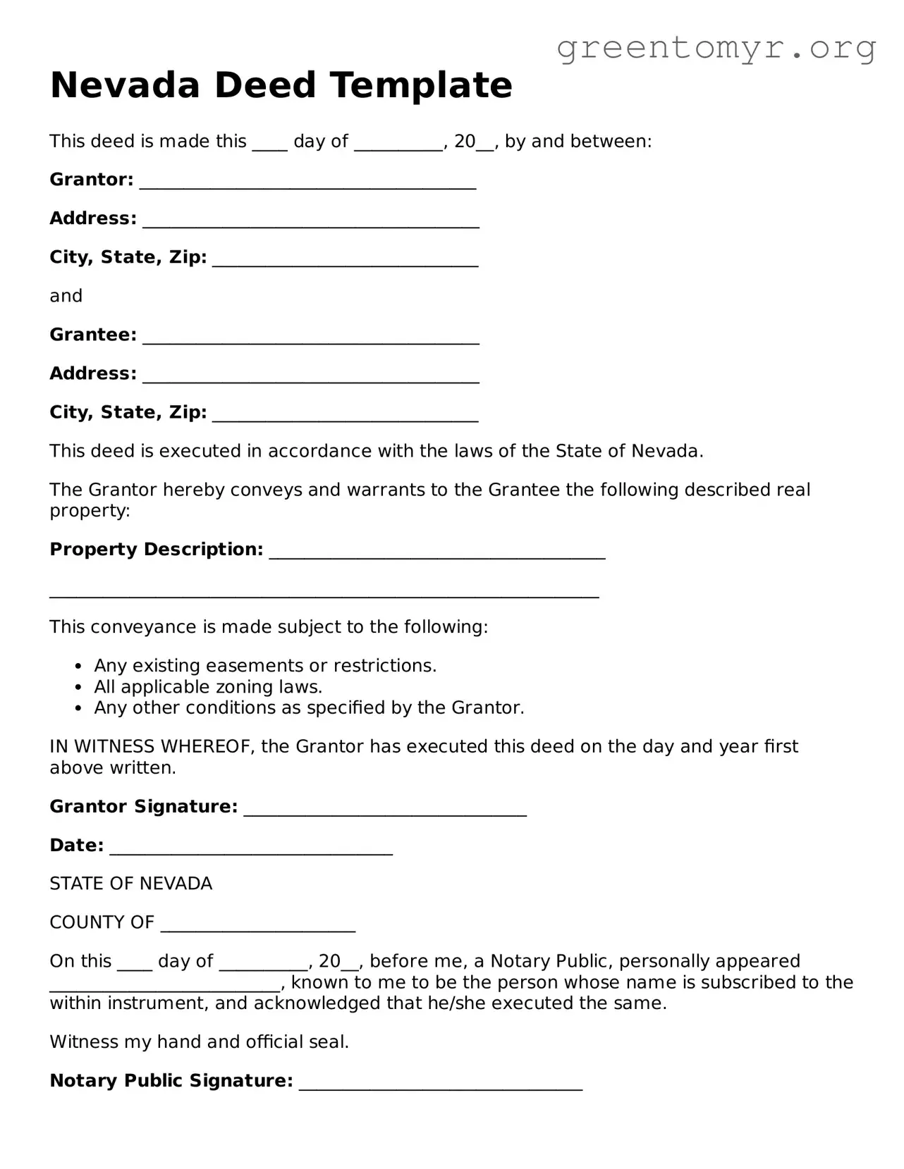 Deed Form for the State of Nevada