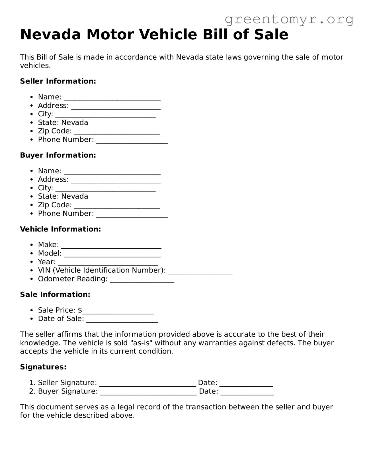 Motor Vehicle Bill of Sale Form for the State of Nevada