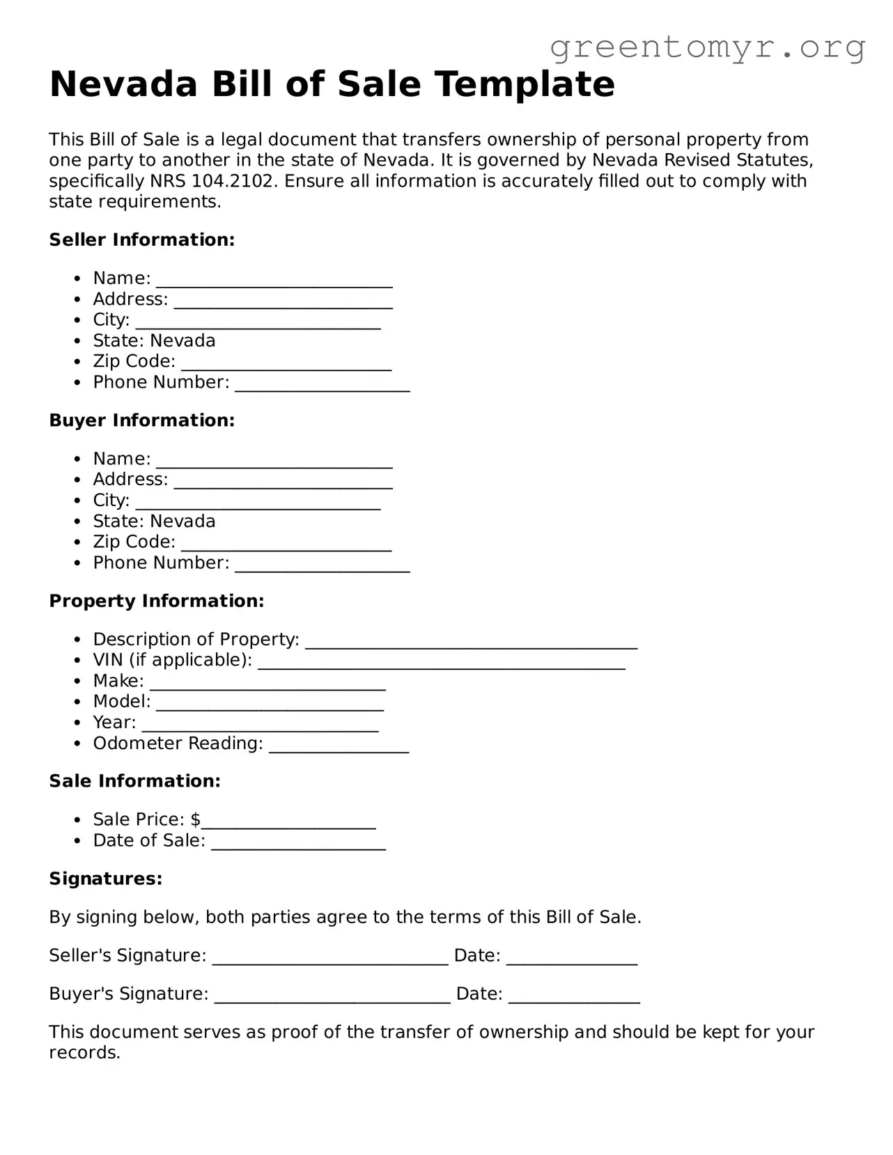 Bill of Sale Form for the State of Nevada
