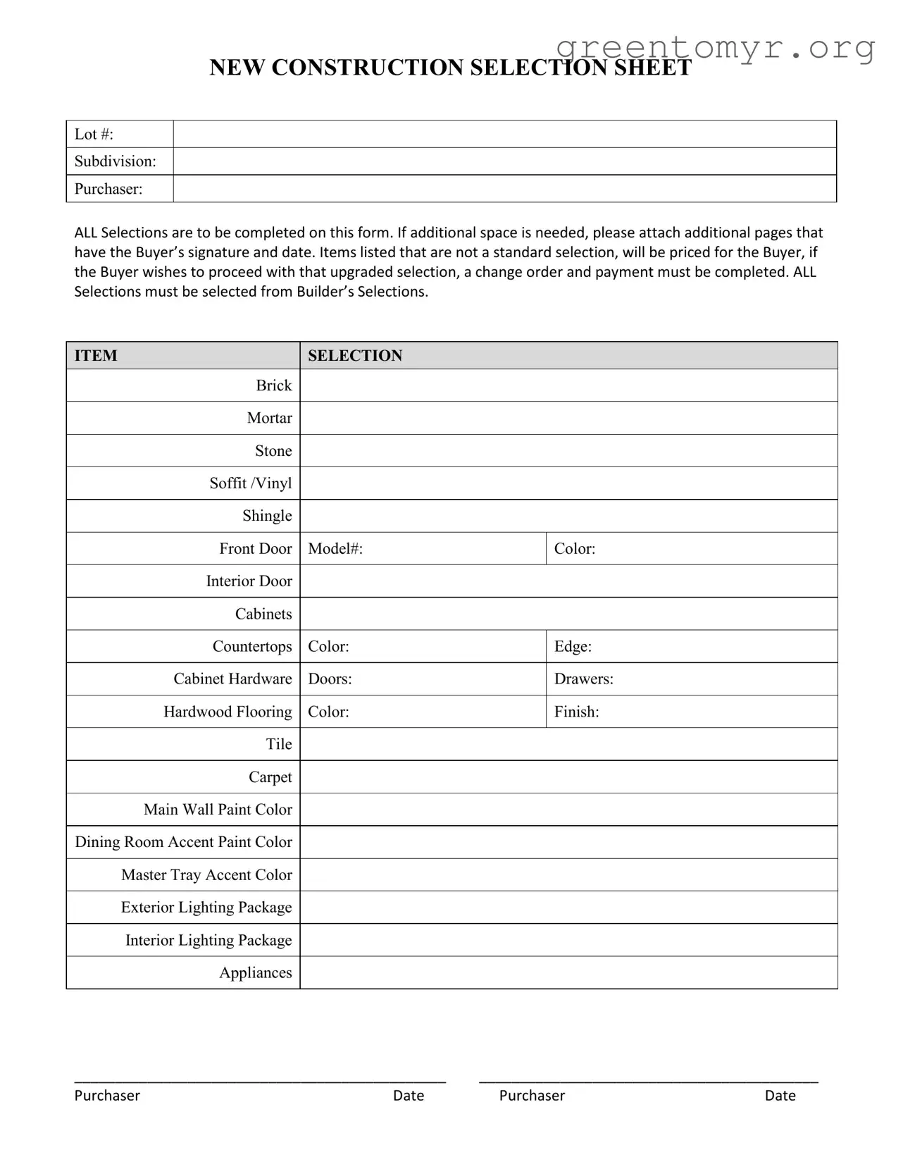 Fill in a Valid New Construction Selection Sheet Template