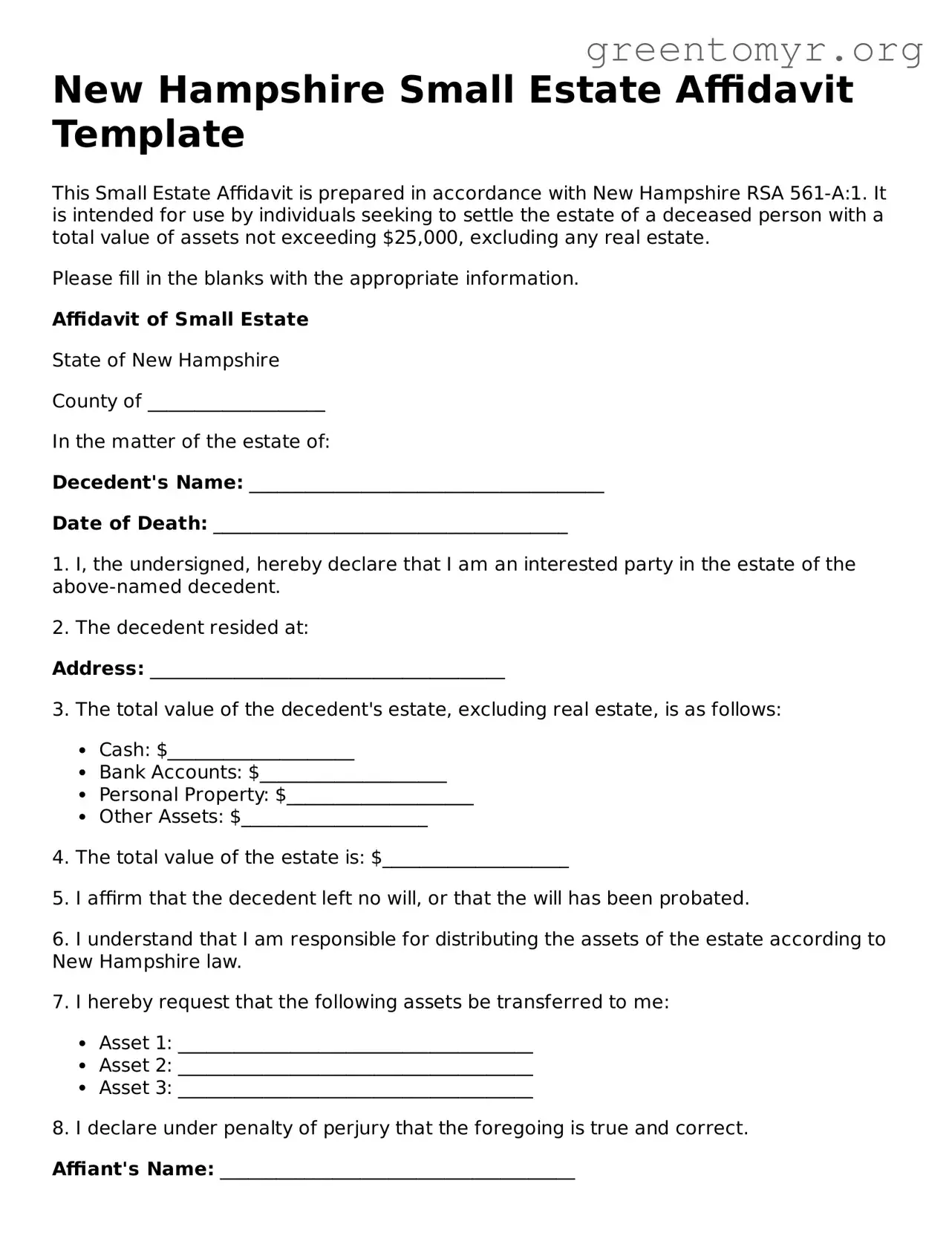 Small Estate Affidavit Form for the State of New Hampshire