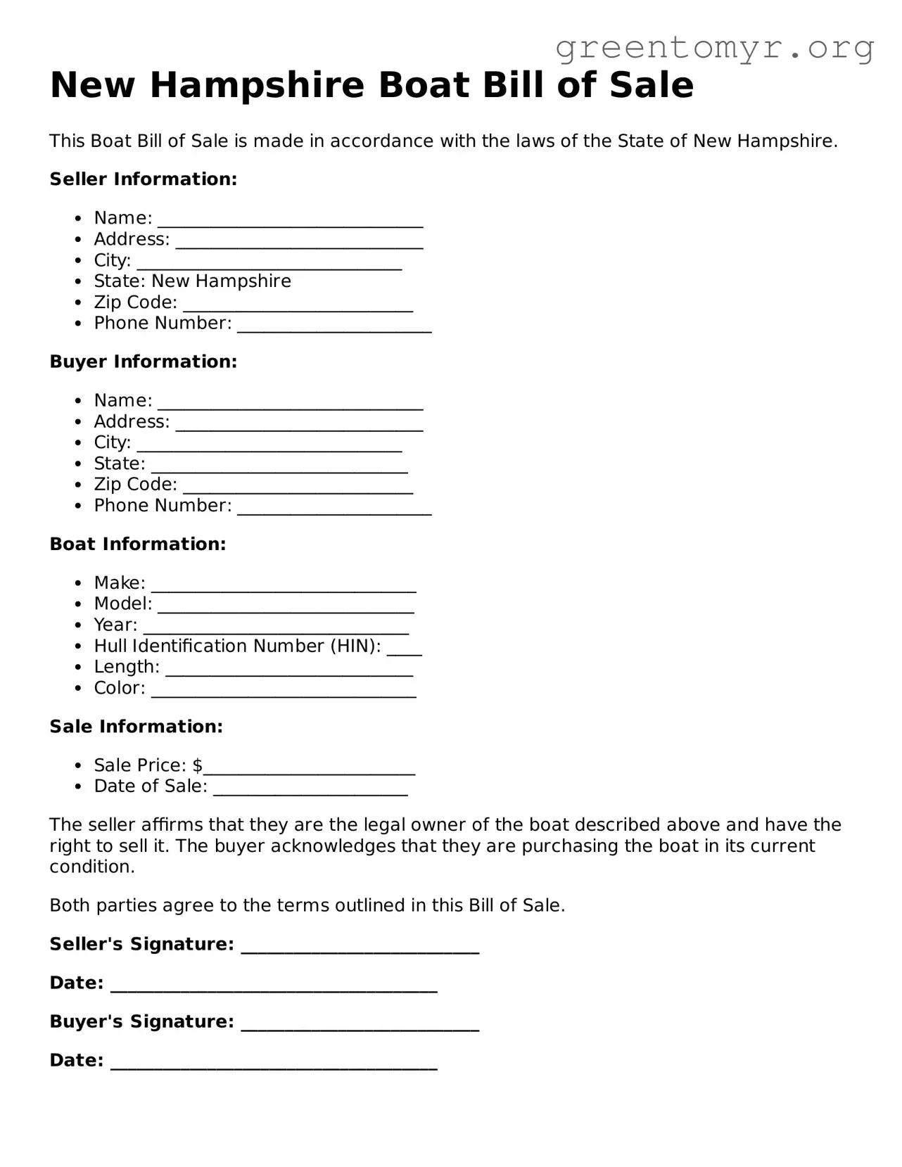 Boat Bill of Sale Form for the State of New Hampshire