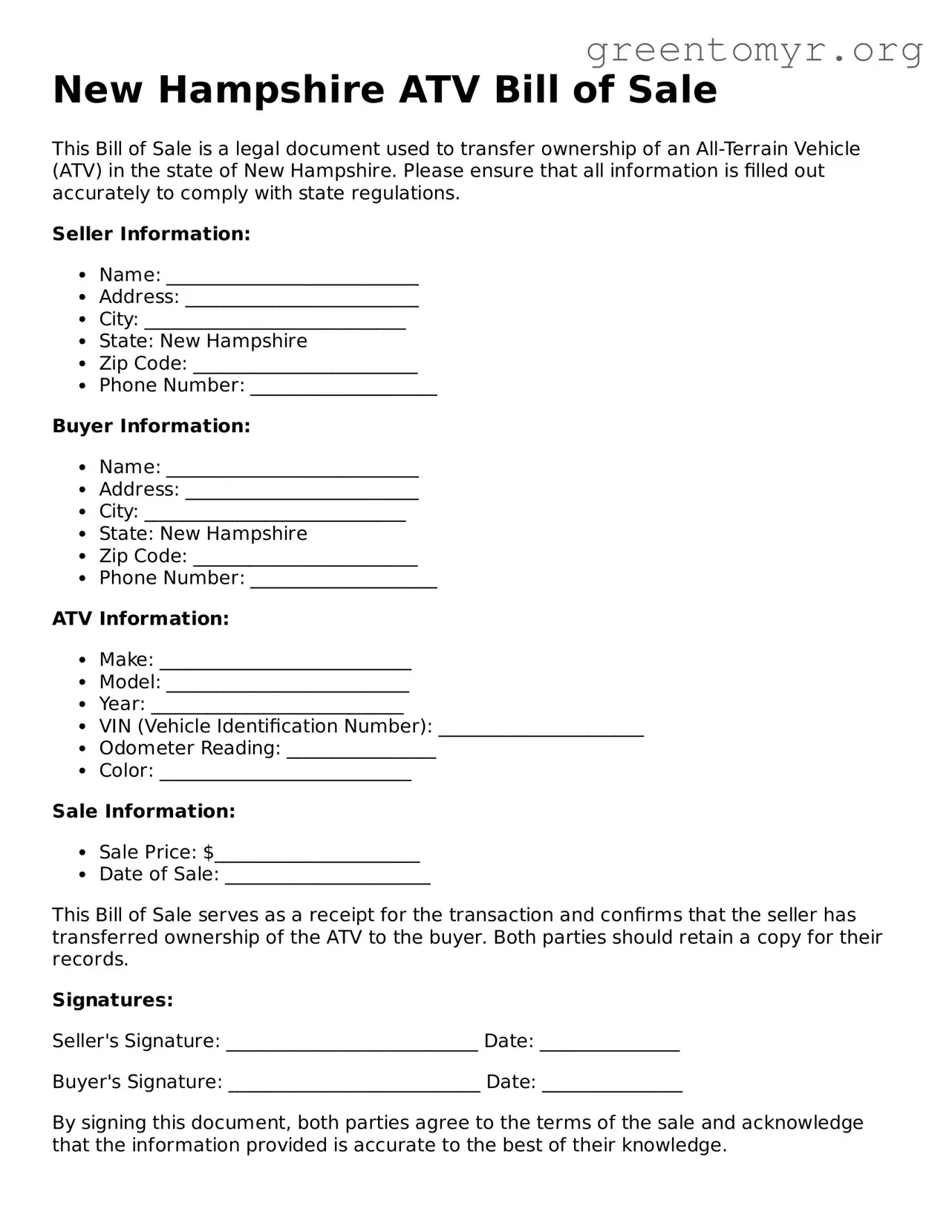 ATV Bill of Sale Form for the State of New Hampshire
