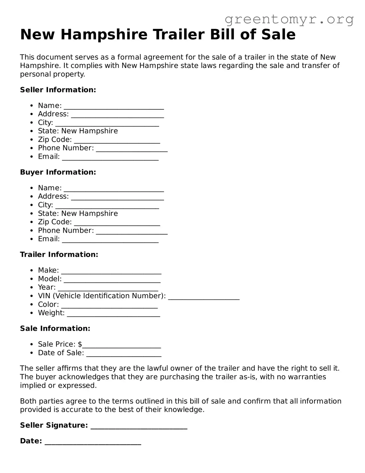 Trailer Bill of Sale Form for the State of New Hampshire