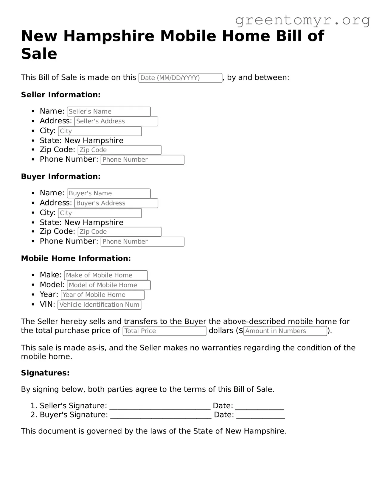Mobile Home Bill of Sale Form for the State of New Hampshire