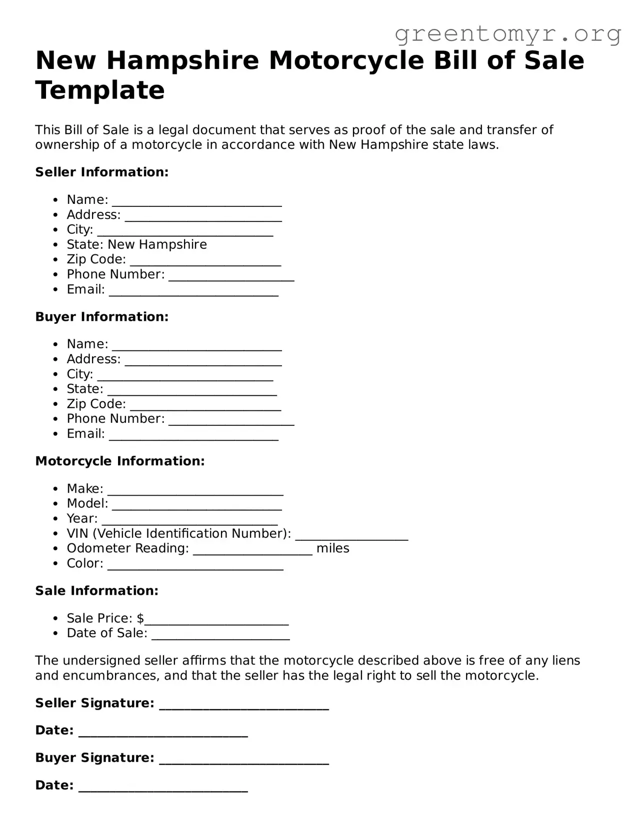 Motorcycle Bill of Sale Form for the State of New Hampshire