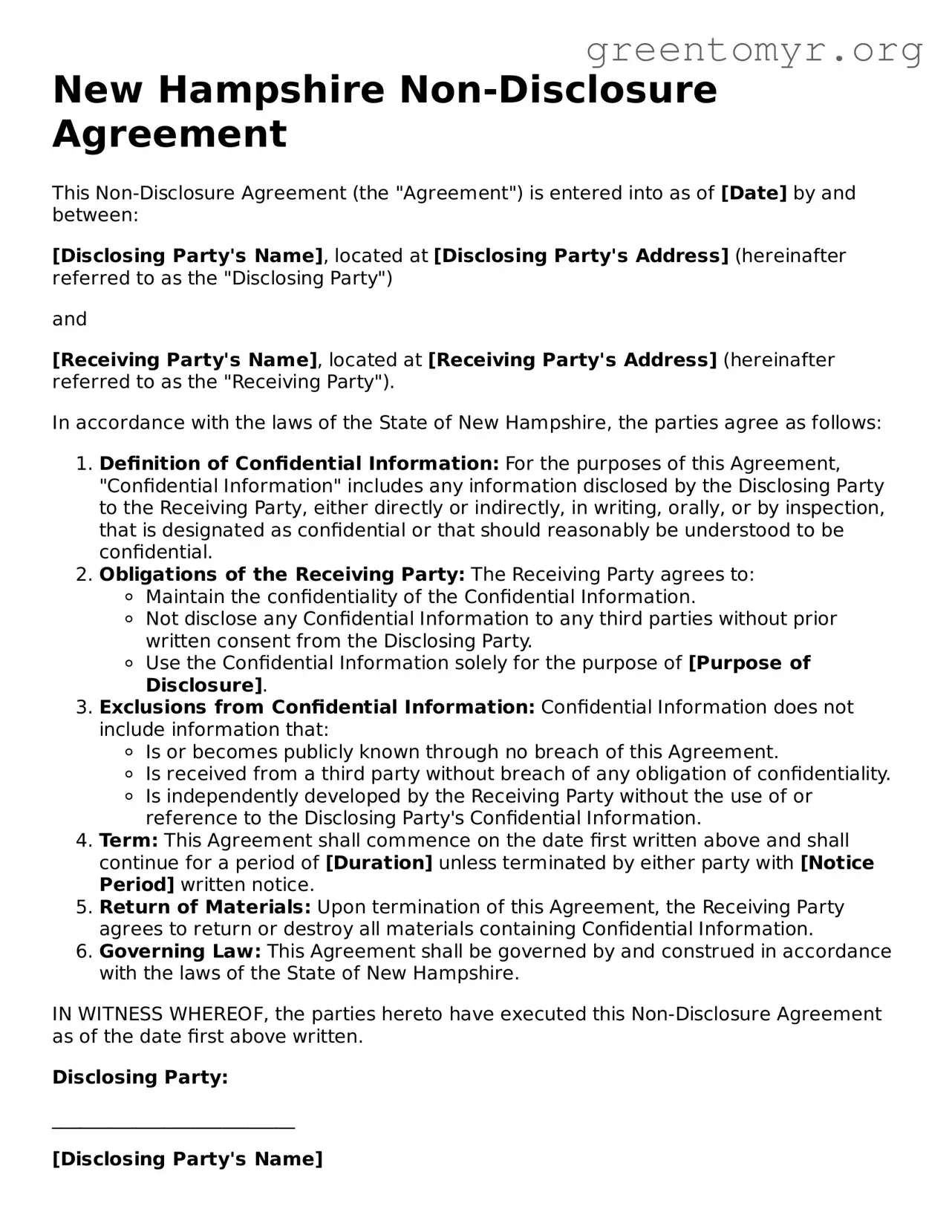 Non-disclosure Agreement Form for the State of New Hampshire