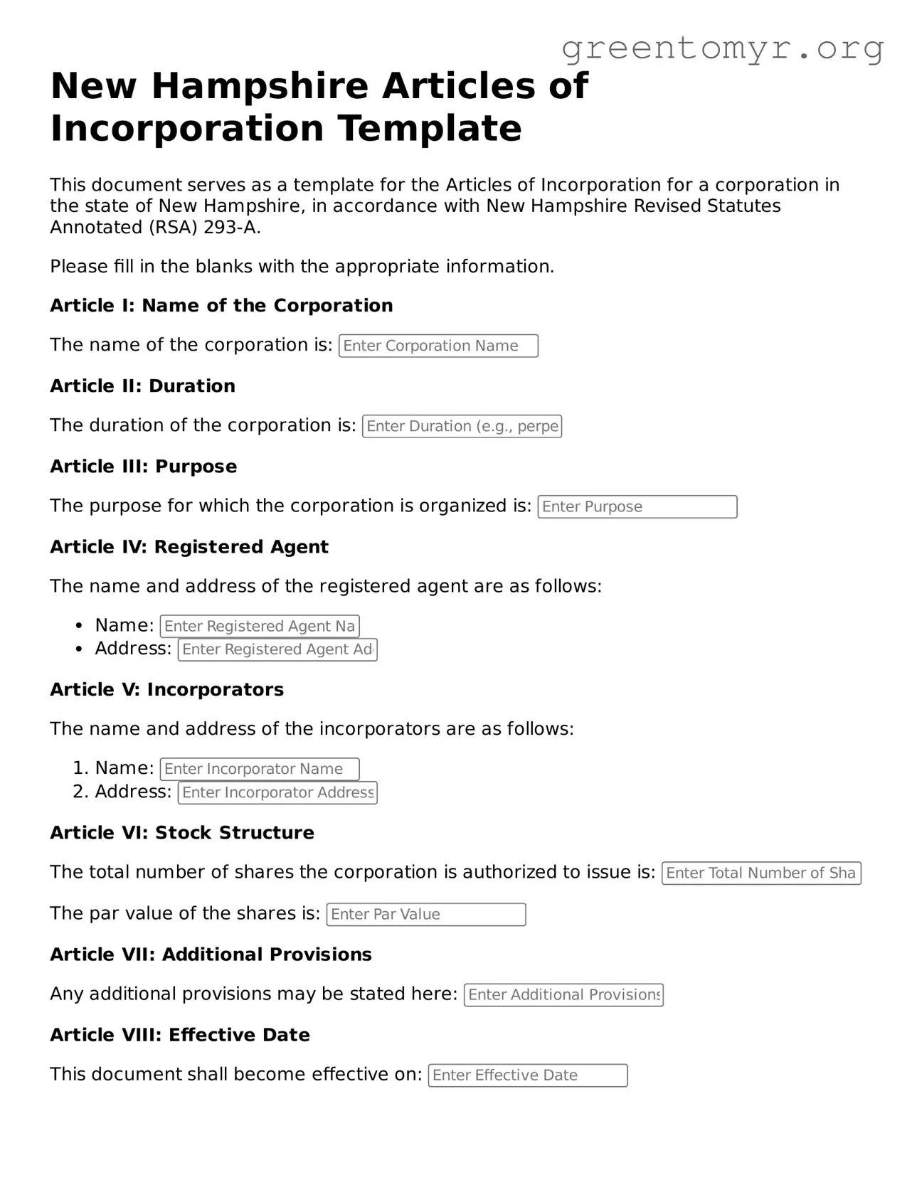 Articles of Incorporation Form for the State of New Hampshire